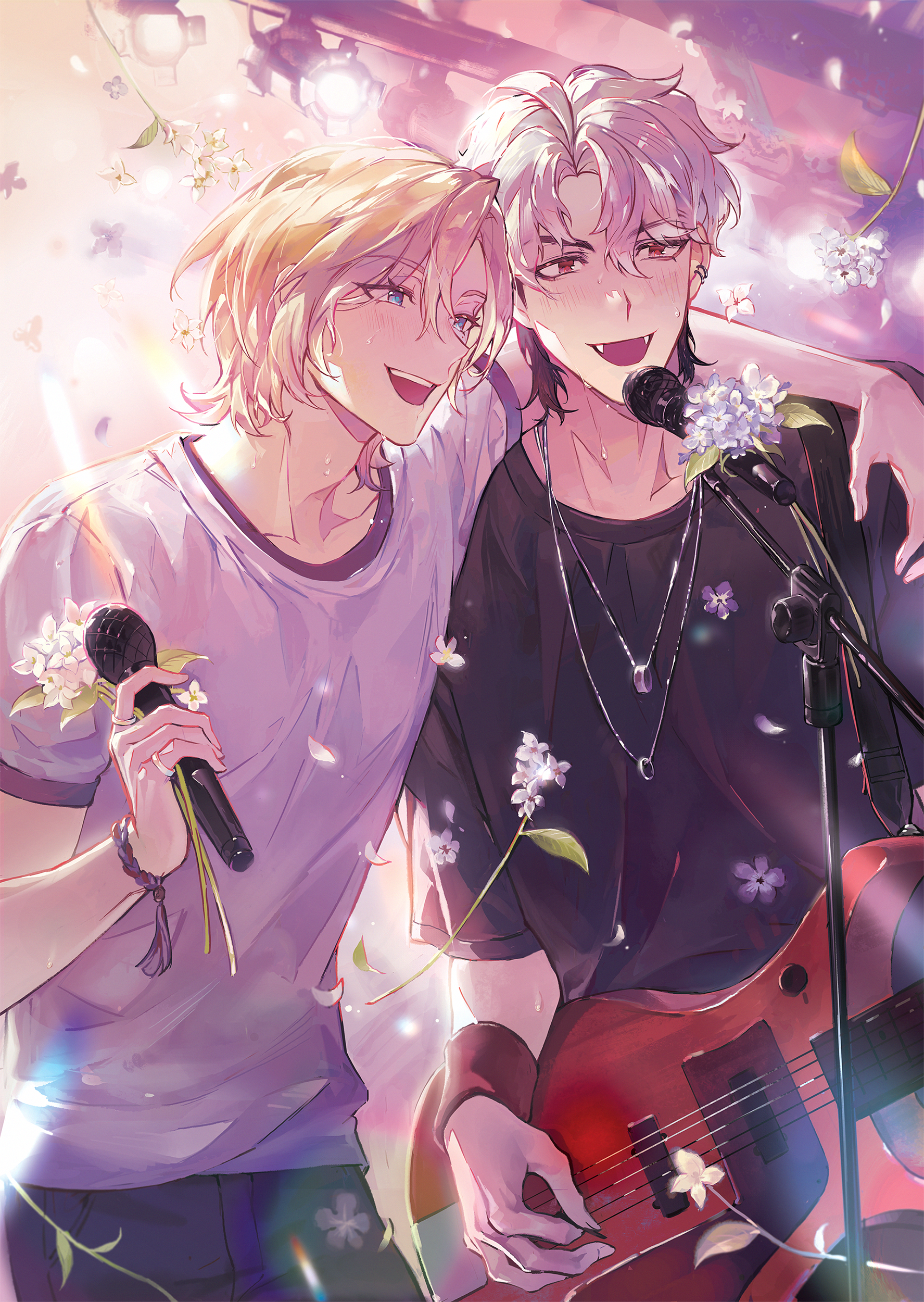 ven0305, plave, absurdres, commentary, highres, symbol-only commentary, 2boys, arm around shoulder, black shirt, blonde hair, blue eyes, blush, cowboy shot, eunho (plave), falling petals, fangs, flower, guitar, guitar strap, hair between eyes, holding, holding microphone, instrument, jewelry, k-pop, light rays, looking ahead, male focus, microphone, microphone stand, mole, mole under eye, multiple boys, music, necklace, noah (plave), open mouth, parted bangs, petals, playing guitar, playing instrument, red eyes, shirt, short hair, short sleeves, smile, stage lights, teeth, upper teeth only, white flower, white hair, white shirt, wristband