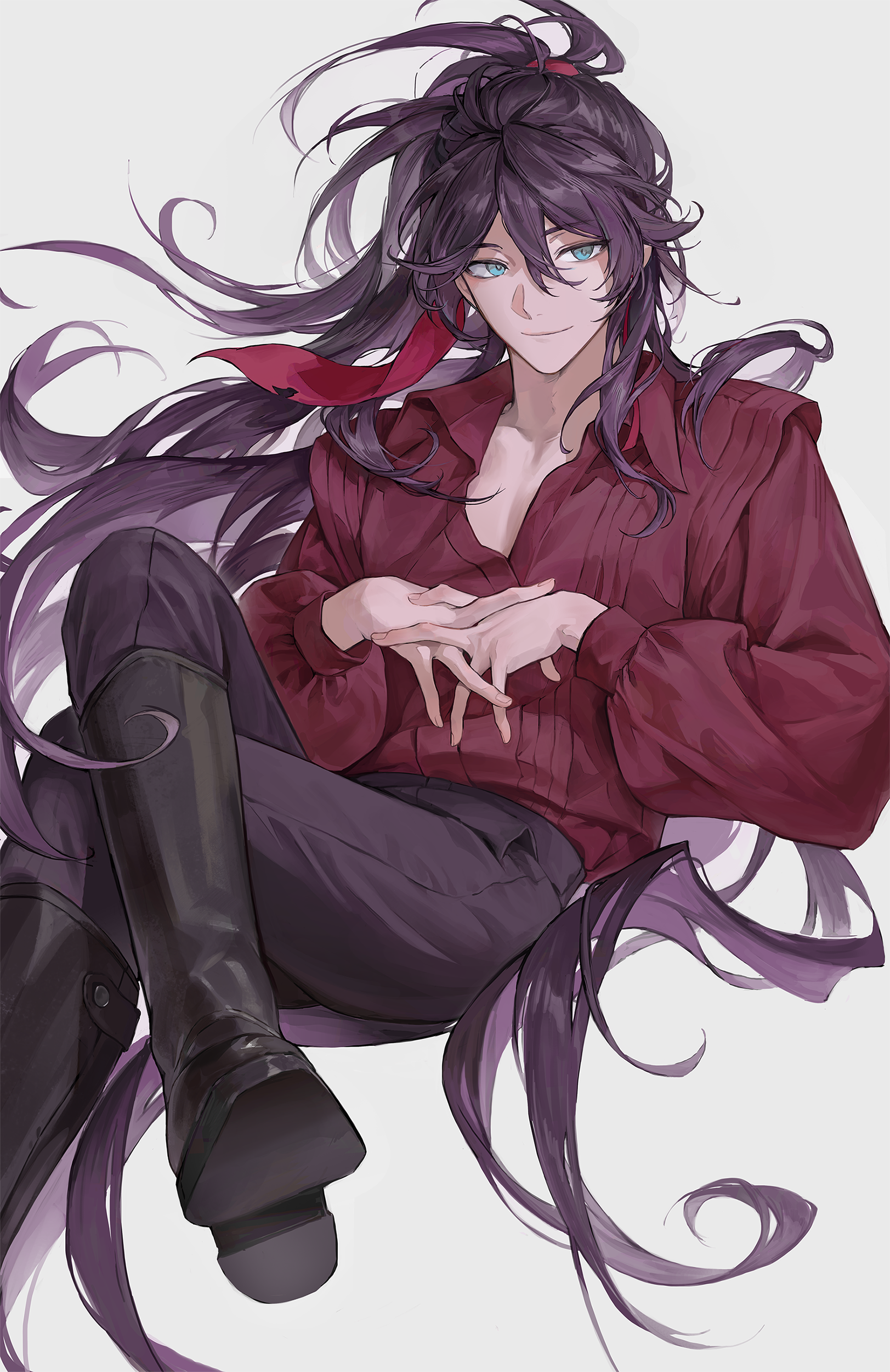 ven0305, original, absurdres, commentary, highres, symbol-only commentary, 1boy, black boots, blue eyes, boots, closed mouth, figure four sitting, hair between eyes, hair ribbon, invisible chair, long hair, long sleeves, looking at viewer, own hands together, pants, pants tucked in, ponytail, purple hair, purple pants, red shirt, ribbon, shirt, shirt tucked in, simple background, sitting, smile, solo, torn hair ribbon, very long hair, white background