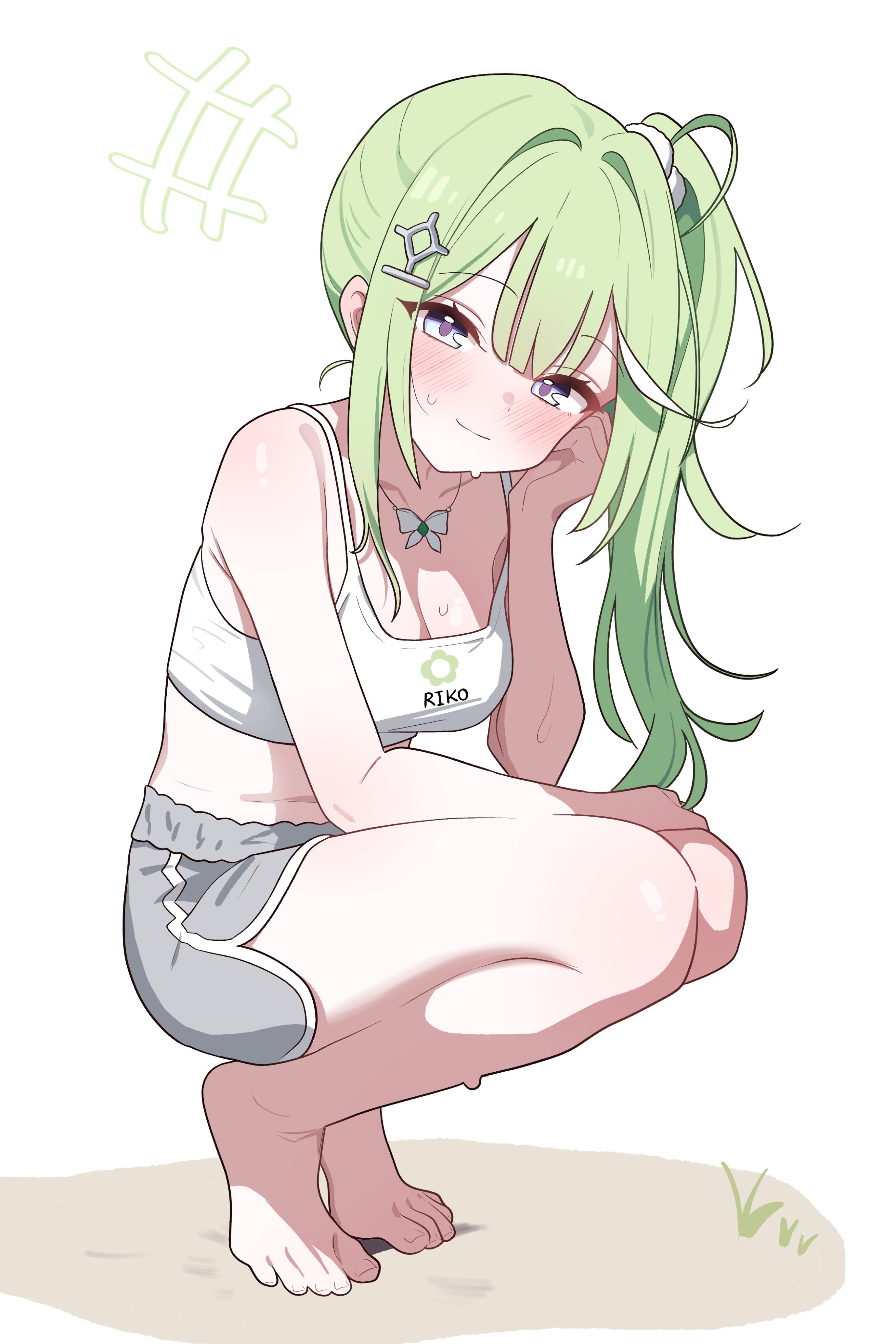 yuzuha riko, stellive, absurdres, commentary request, highres, korean commentary, 1girl, barefoot, blush, breasts, btpica, butterfly necklace, camisole, character name, cleavage, closed mouth, crop top, dolphin shorts, double-parted bangs, green hair, grey eyes, grey shorts, hair intakes, hair ornament, hairclip, hand on own face, hand up, large breasts, long hair, looking at viewer, midriff, multicolored hair, pom pom (clothes), pom pom hair ornament, print camisole, short shorts, shorts, side ponytail, simple background, smile, solo, spaghetti strap, squatting, streaked hair, sweat, tiptoes, virtual youtuber, white background, white camisole