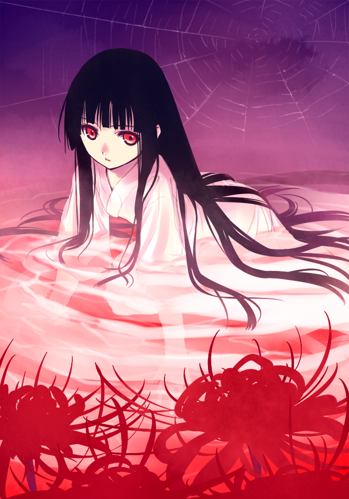 futaba jun, enma ai, jigoku shoujo, 00s, 1girl, all fours, black hair, blunt bangs, female focus, flower, hime cut, japanese clothes, long hair, red eyes, red flower, silk, solo, spider lily, spider web, water