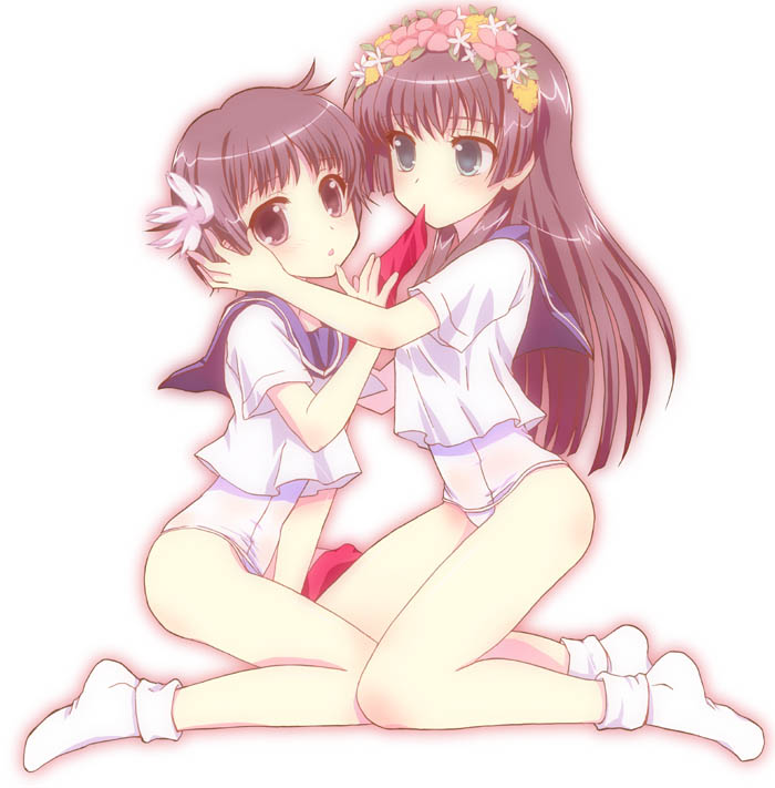 masuyama kei, saten ruiko, uiharu kazari, toaru kagaku no railgun, toaru majutsu no index, 00s, 2girls, black eyes, black hair, bottomless, flower, green eyes, hair flower, hair ornament, head wreath, long hair, mouth hold, multiple girls, no pants, one-piece swimsuit, school swimsuit, school uniform, serafuku, short hair, socks, swimsuit, swimsuit under clothes, white one-piece swimsuit, white school swimsuit, yuri