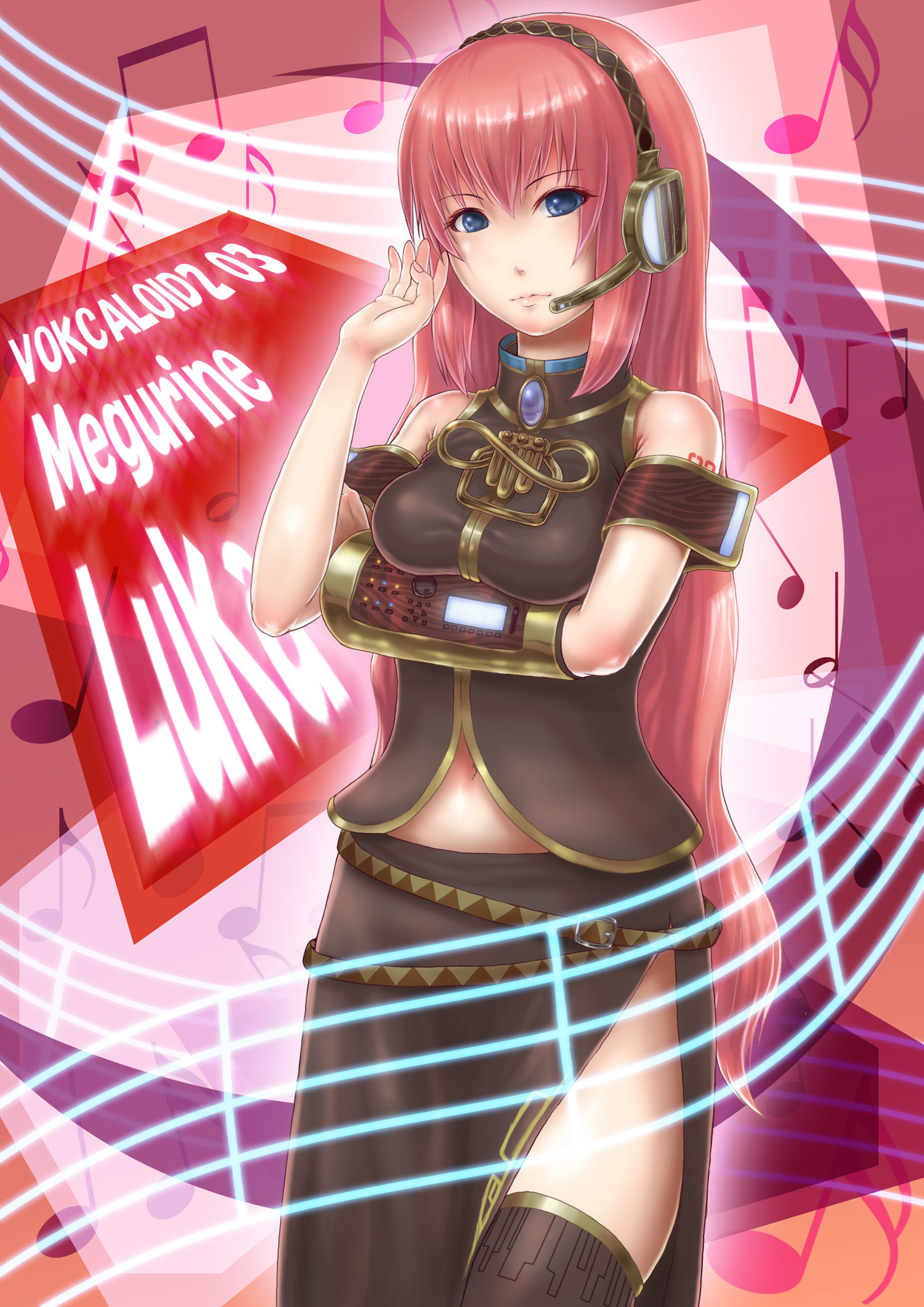 maru0911, megurine luka, vocaloid, bad id, bad pixiv id, highres, 1girl, blue eyes, breasts, female focus, headphones, headset, long hair, medium breasts, pink hair, solo, thighhighs