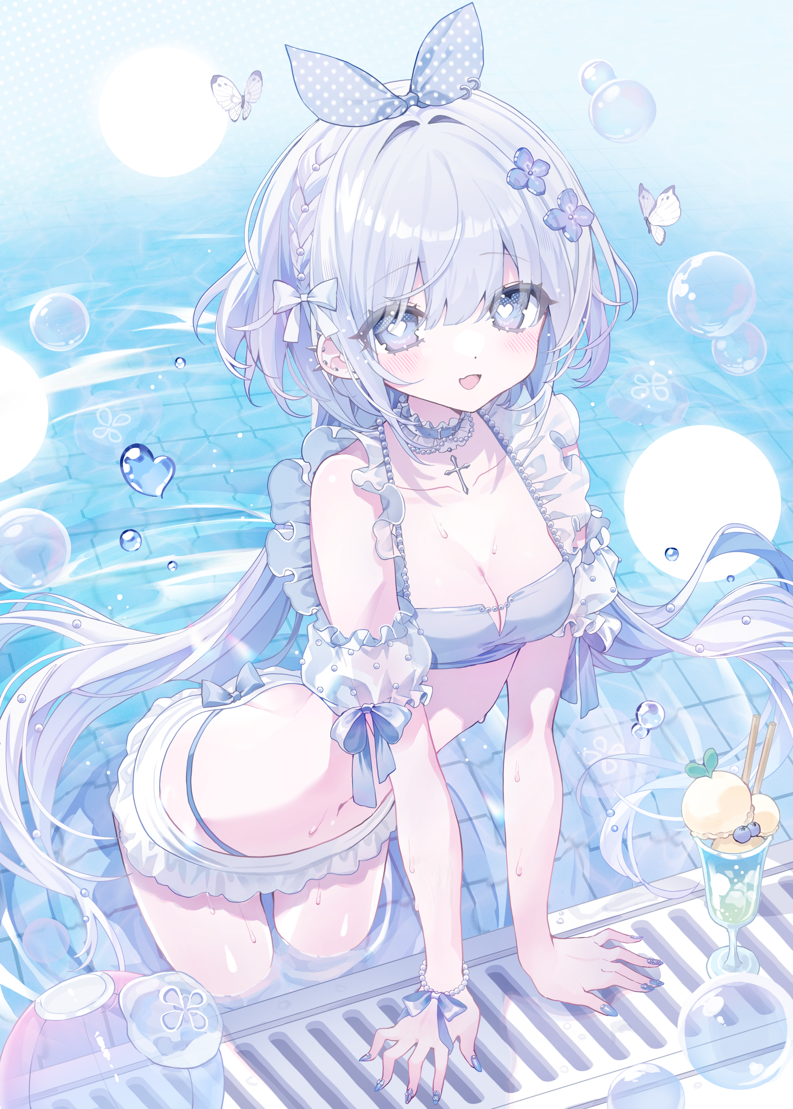 konpe itou, original, absurdres, commentary request, highres, 1girl, bare shoulders, bikini, blue eyes, blue hair, blush, bow, bracelet, braid, breasts, bubble, cleavage, collarbone, cup, detached collar, frills, glass, hair bow, hair ornament, hairclip, jewelry, long hair, looking at viewer, medium breasts, navel, necklace, open mouth, pool, poolside, smile, solo, stomach, swimsuit