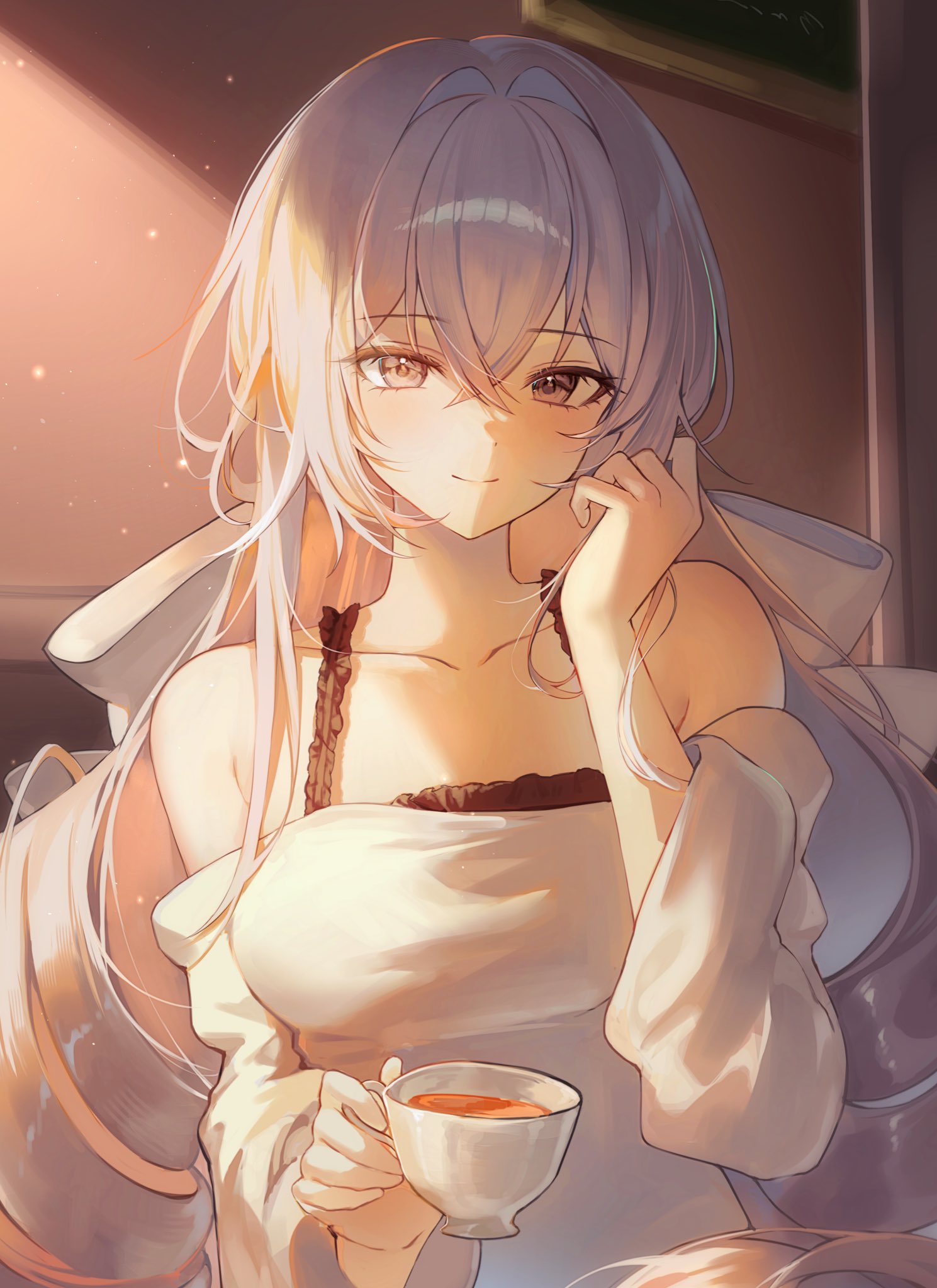 soymilk arts2, bronya rand, honkai: star rail, honkai (series), commentary, highres, 1girl, alternate costume, cup, curled fingers, dappled sunlight, drill hair, frills, grey eyes, grey hair, hair between eyes, hand up, holding, holding cup, indoors, long hair, looking at viewer, off shoulder, smile, sunlight, tea, very long hair