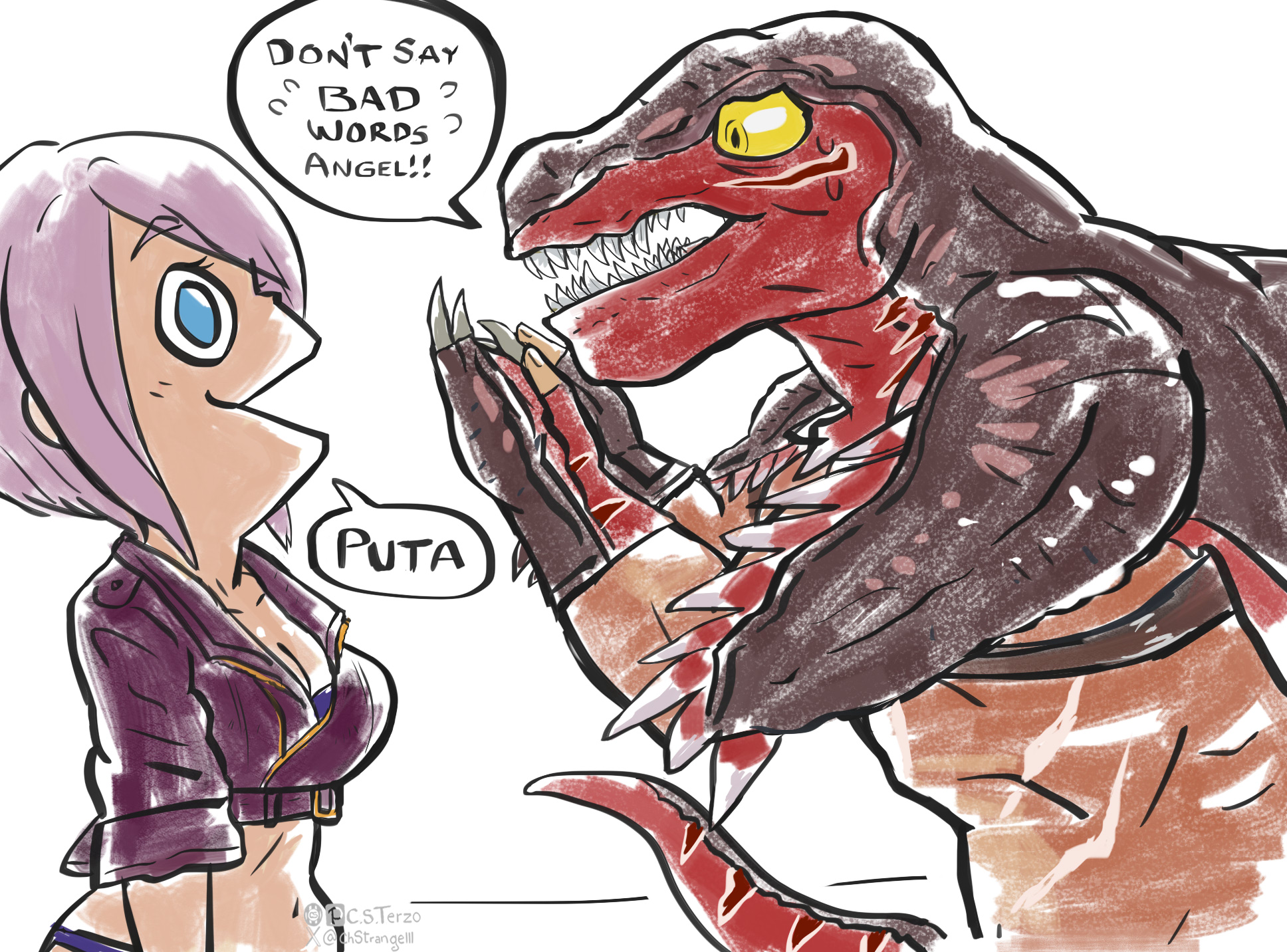 c.s. terzo, chstrangelll, angel (kof), king of dinosaurs, tizoc, tizoc (snk), dinosaur king, the king of fighters, 1girl, blue eyes, breasts, c.s. terzo (chstrangelll), dinosaur, female focus, huge breasts, jacket, large breasts, leather, pale skin, panties, short hair, standing, the king of dinosaurs, thick thighs, thighs, underwear, wide hips