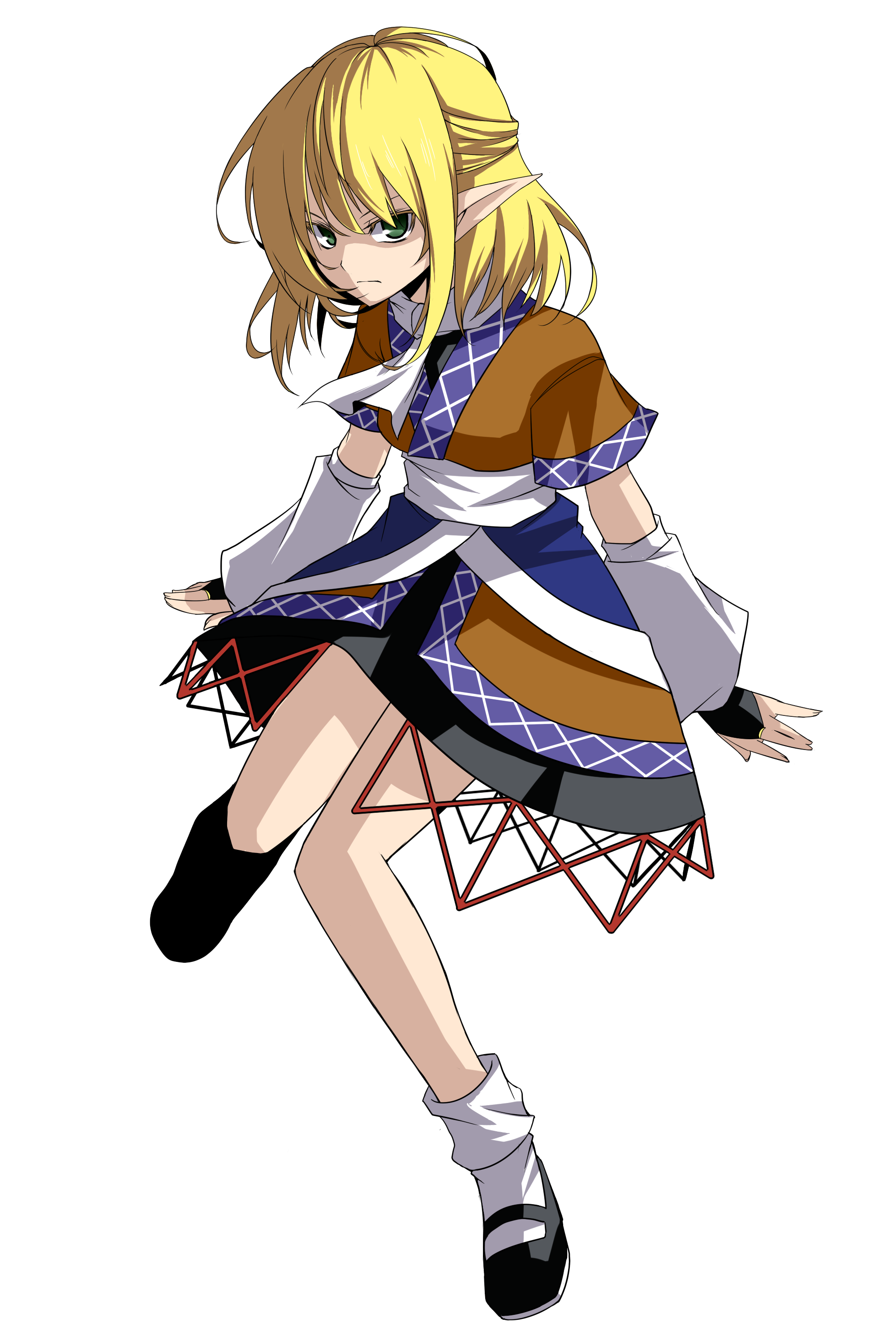 kasu kazu, mizuhashi parsee, touhou, absurdres, highres, 1girl, arm warmers, blonde hair, female focus, frown, full body, glaring, green eyes, half updo, pointy ears, scarf, short hair, sitting, solo, transparent background