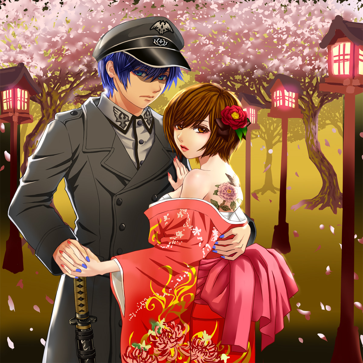 hamura mayu, kaito (vocaloid), meiko (vocaloid), vocaloid, uniform, bad id, bad pixiv id, highres, 1boy, 1girl, blue eyes, blue hair, breasts, brown eyes, brown hair, cherry blossoms, couple, flower, hair flower, hair ornament, hat, hetero, japanese clothes, katana, kimono, large breasts, looking at viewer, male polish, nail polish, nazi, off shoulder, petals, sarashi, short hair, sword, tattoo, traditional japanese, weapon