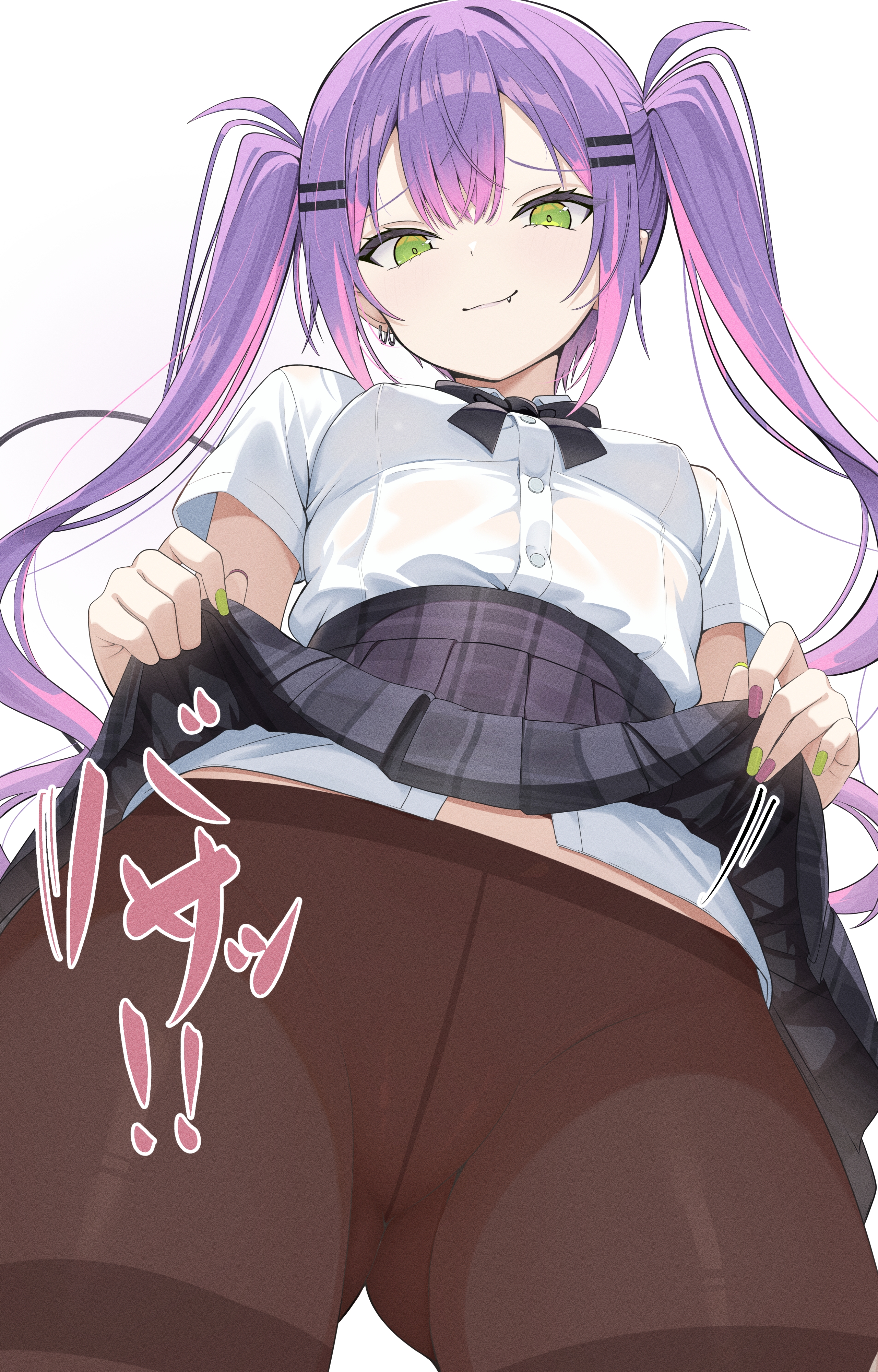 nekonosuke, tokoyami towa, hololive, absurdres, commentary request, highres, paid reward available, 1girl, alternate costume, black bow, black bowtie, black pantyhose, black skirt, bow, bowtie, breasts, closed mouth, clothes lift, collared shirt, colored inner hair, demon girl, demon tail, double-parted bangs, earrings, fang, gluteal fold, gradient hair, green eyes, green nails, hair between eyes, hair ornament, hairclip, high-waist skirt, jewelry, long hair, looking at viewer, miniskirt, multicolored hair, nail polish, pantyhose, parallel hairclips, pink hair, plaid clothes, plaid skirt, pleated skirt, pointy ears, purple hair, purple nails, shirt, shirt tucked in, short sleeves, simple background, skirt, skirt lift, small breasts, smile, solo, tail, twintails, upskirt, virtual youtuber, white background, white shirt