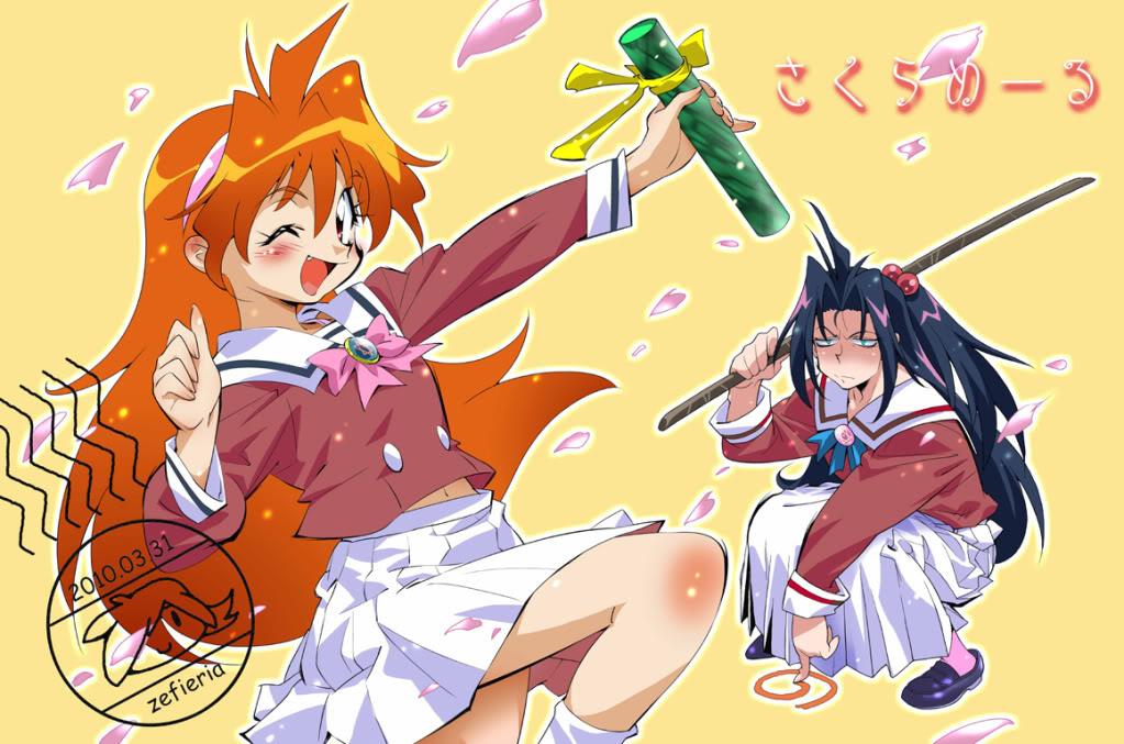 araizumi rui, lina inverse, naga the serpent, slayers, 10s, 2010, 2girls, alternate costume, bokken, contemporary, dated, hair intakes, long hair, multiple girls, one eye closed, ponytail, red hair, school uniform, serafuku, skirt, squatting, sword, weapon, wink, wooden sword