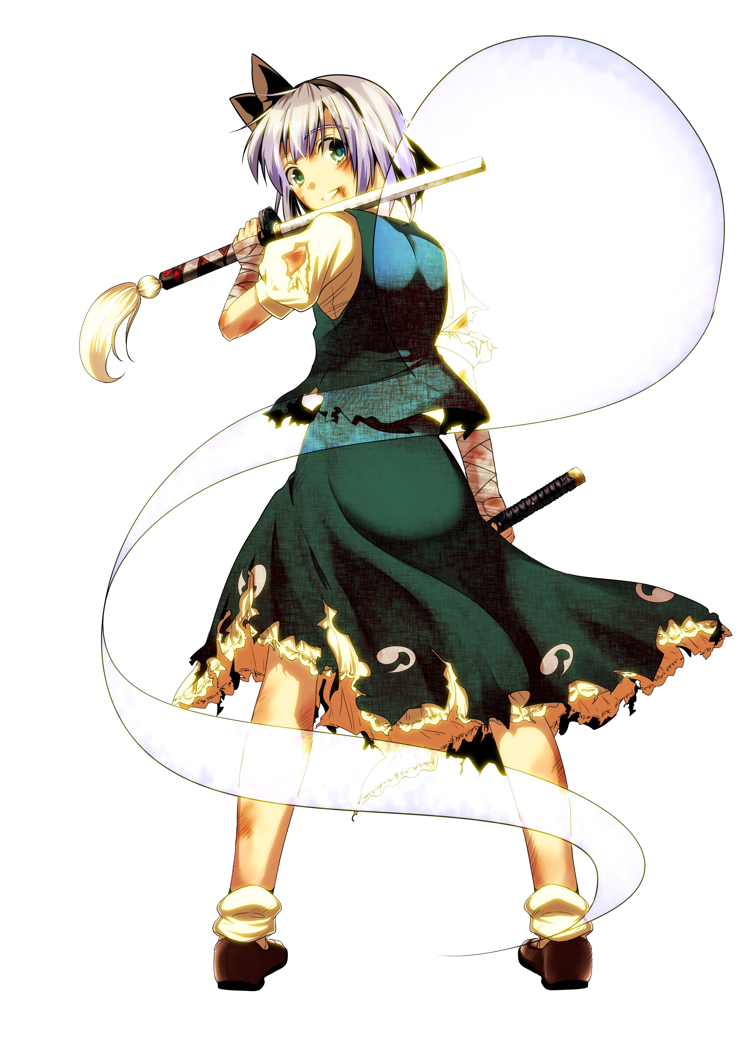 irusu, konpaku youmu, konpaku youmu (ghost), touhou, silver hair, absurdres, highres, 1girl, bandages, blood, blue eyes, broken, broken sword, broken weapon, bruise, dual wielding, female focus, full body, ghost, green eyes, hairband, hitodama, holding, injury, katana, looking back, ribbon, short hair, smile, solo, sword, tanto, torn clothes, transparent background, weapon