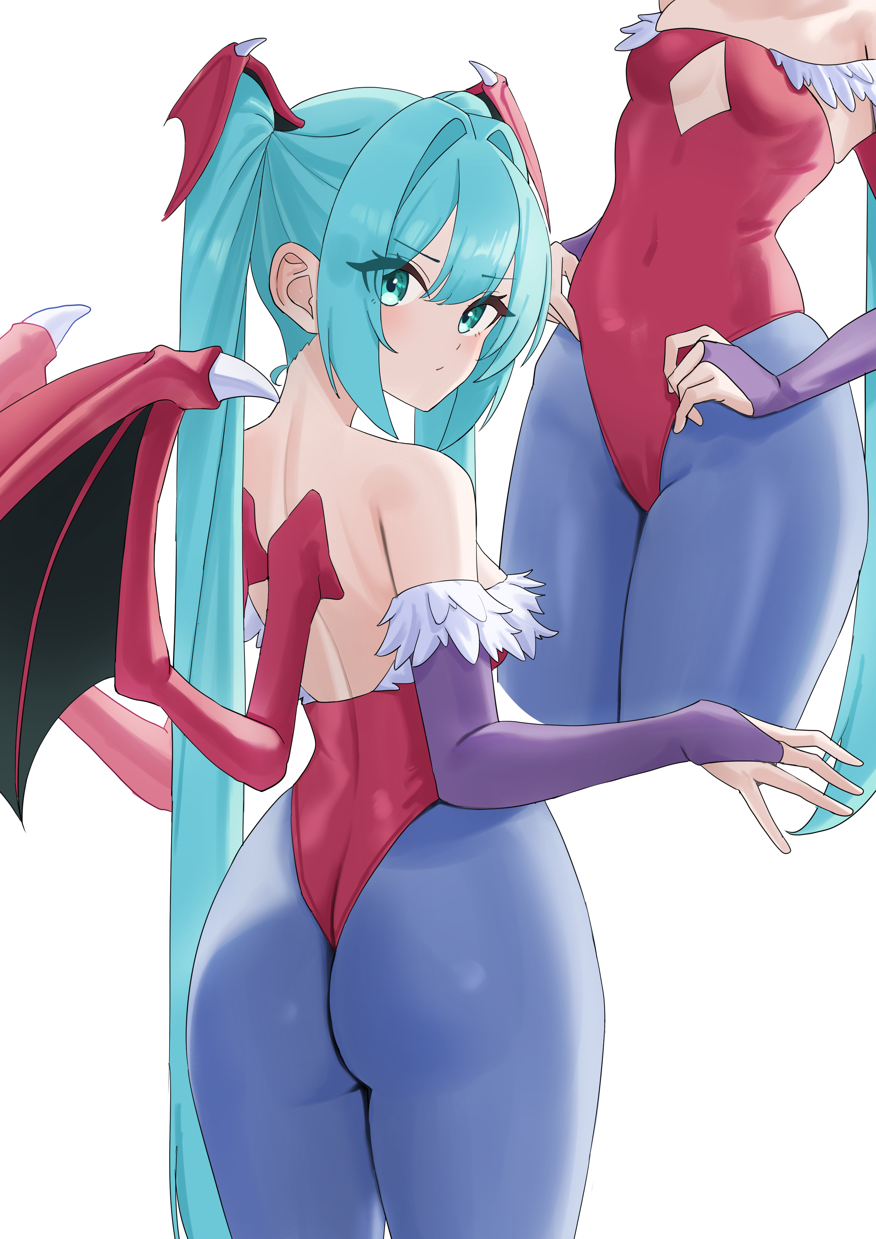amaama (beccyonaika1), hatsune miku, lilith (darkstalkers), darkstalkers, vocaloid, shiny pantyhose, absurdres, commentary, highres, 1girl, aqua eyes, aqua hair, ass, bat wings, blue pantyhose, bridal gauntlets, cosplay, covered navel, demon girl, from behind, head wings, leotard, lilith (darkstalkers) (cosplay), long hair, looking back, multiple views, pantyhose, red leotard, simple background, twintails, white background, wings