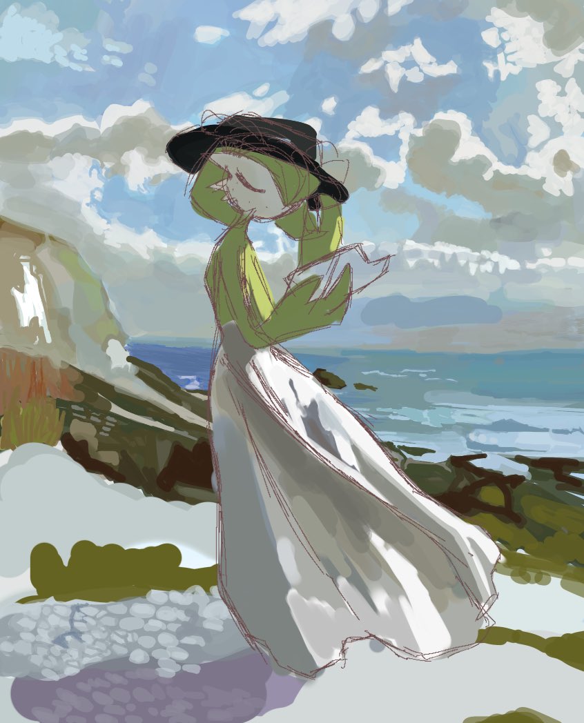 powerpuff (pixiv 60944739), gardevoir, nintendo, pokemon, 1girl, adjusting clothes, adjusting headwear, black hat, blue sky, bob cut, book, closed eyes, clothed pokemon, cloud, colored skin, day, fedora, female focus, full body, gen 3 pokemon, green hair, green skin, hair over one eye, hands up, hat, holding, holding book, horizon, multicolored skin, ocean, one eye covered, open book, outdoors, pokemon (creature), short hair, sketch, sky, solo, standing, two-tone skin, u u, white skin