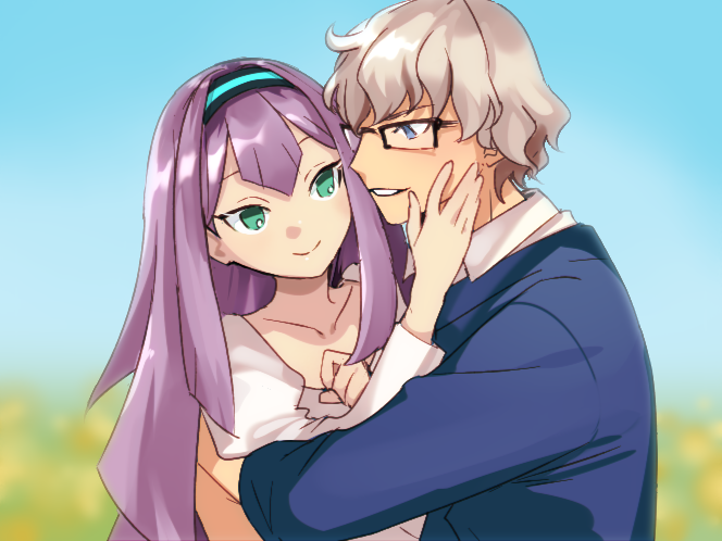 pmpomtgm, gillis, meia, inazuma eleven (series), inazuma eleven go, inazuma eleven go chrono stone, twitter, 1boy, 1girl, alternate costume, blue sky, glasses, green eyes, hug, long hair, purple hair, sky