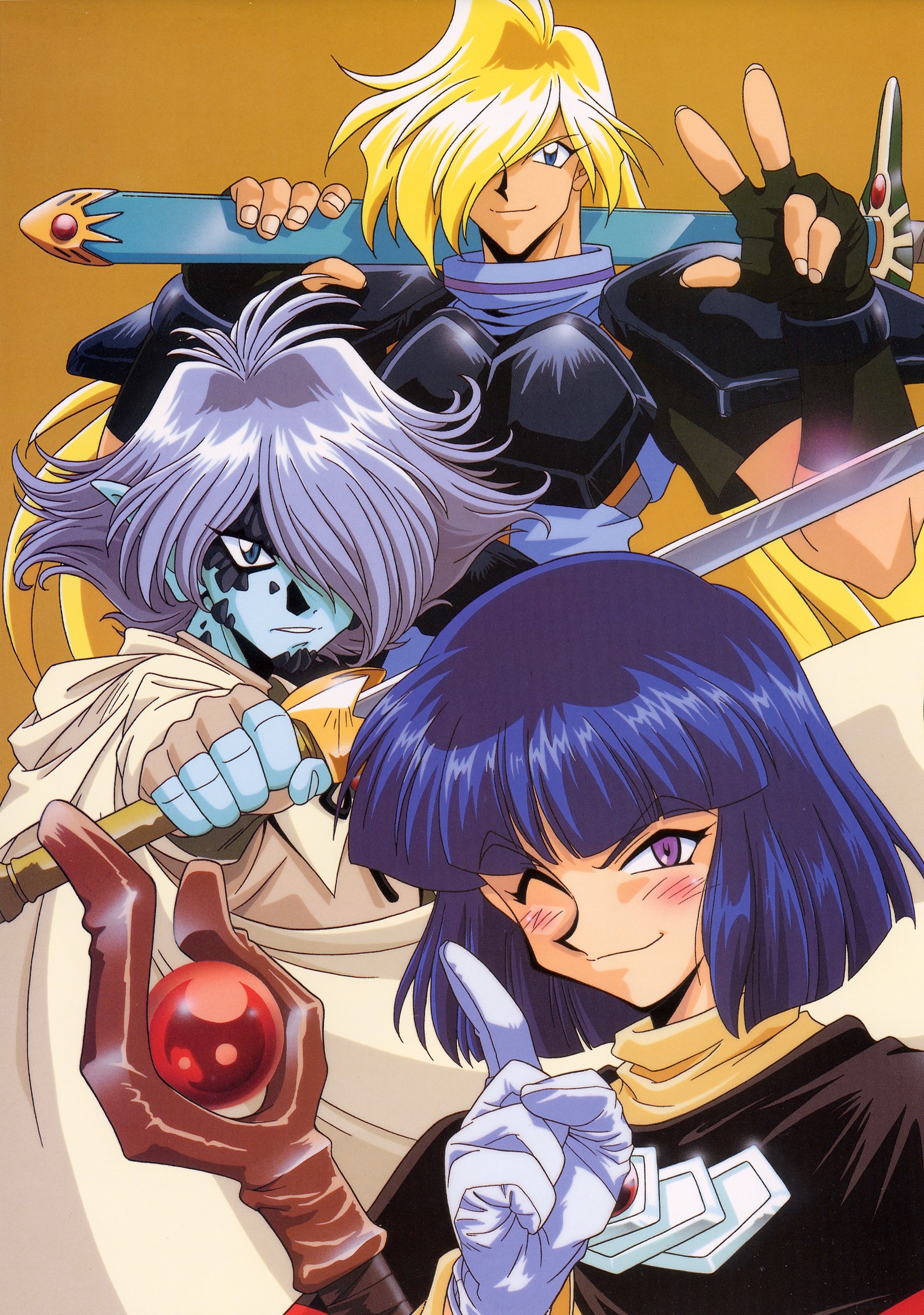 araizumi rui, gourry gabriev, lina inverse, xelloss, zelgadiss graywords, slayers, highres, scan, 1990s (style), 3boys, armor, blonde hair, cape, cosplay, hair over one eye, lina inverse (cosplay), long hair, male focus, multiple boys, one eye closed, purple eyes, purple hair, retro artstyle, scabbard, sheath, staff, sword, unusually open eyes, weapon, wink