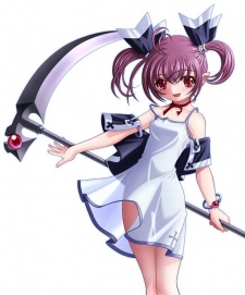 blade, lowres, 1girl, black theme, dress, female focus, loli, purple hair, red eyes, scythe, simple background, solo, white background, white dress