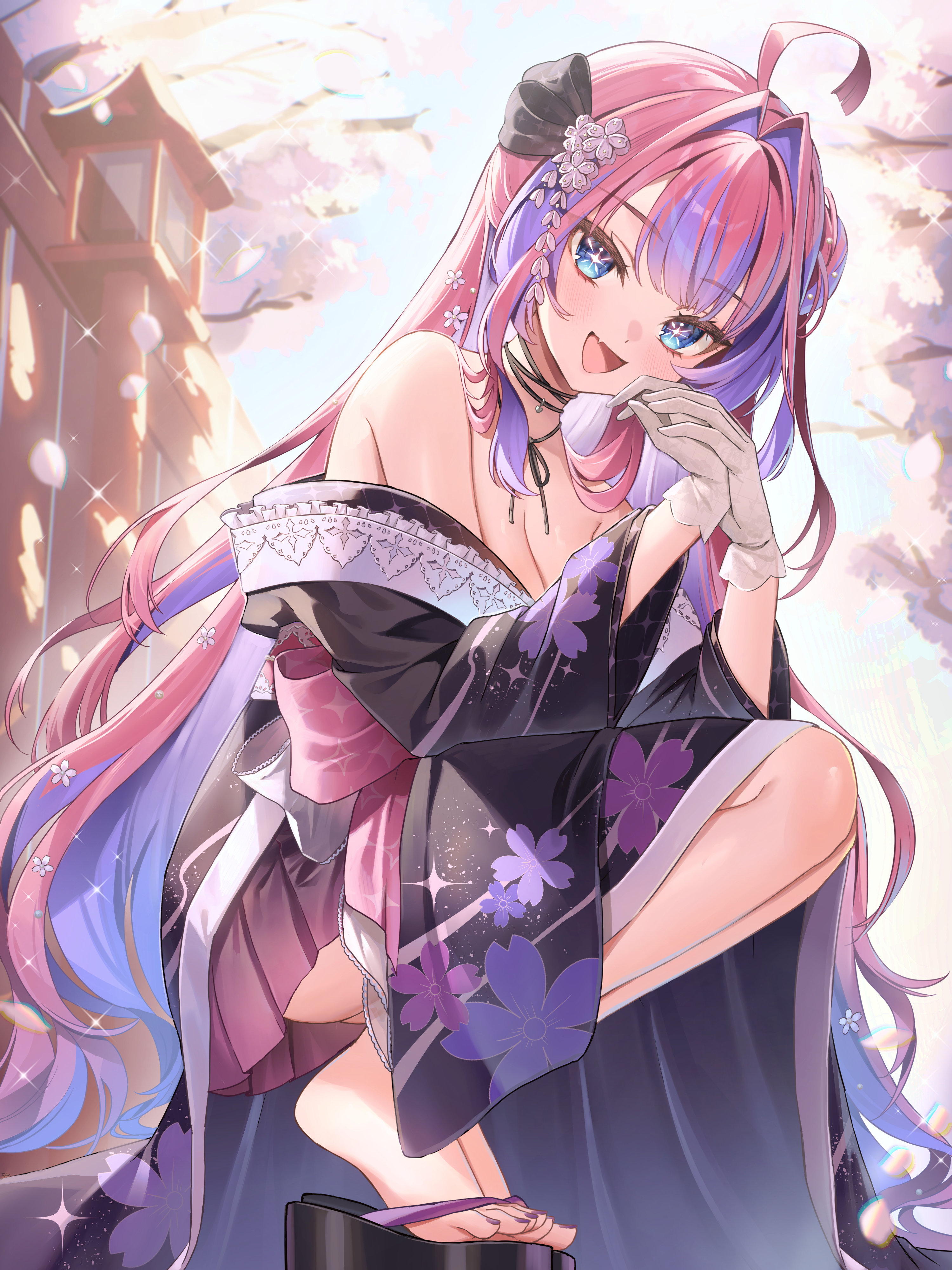 runlan 0329, kikirara vivi, hololive, hololive dev is, absurdres, commentary request, highres, 1girl, :d, ahoge, black kimono, blue eyes, breasts, cleavage, colored inner hair, day, falling petals, fang, floral print, floral print kimono, gloves, gradient hair, hair intakes, hakama, hakama skirt, hands up, japanese clothes, kikirara vivi (new year), kimono, long hair, looking at viewer, medium breasts, multicolored hair, official alternate costume, official alternate hairstyle, okobo, open mouth, outdoors, petals, pink hair, platform sandals, print kimono, purple hair, purple hakama, sandals, skin fang, skirt, smile, solo, squatting, toes, very long hair, virtual youtuber, white gloves
