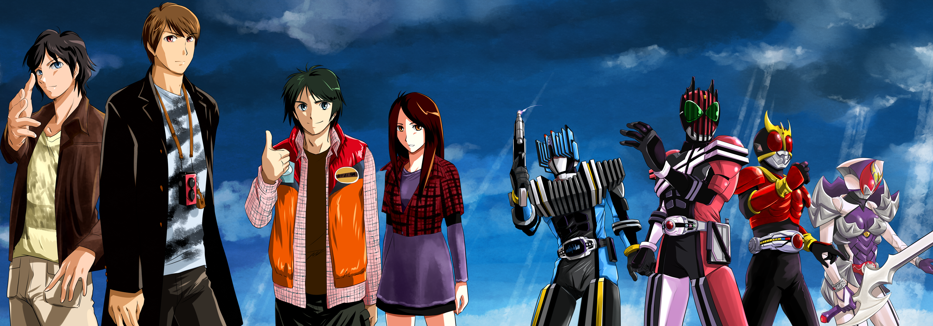 ashi ura, hikari natsumi, kadoya tsukasa, kaitou daiki, kamen rider decade, kamen rider diend, kamen rider kivala, kamen rider kuuga, onodera yuusuke, kamen rider, kamen rider dcd, highres, long image, wide image, 1girl, 3boys, kaito daiki, multiple boys