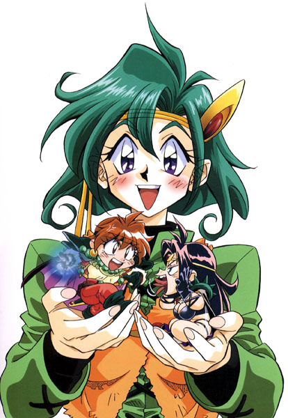 araizumi rui, lina inverse, naga the serpent, sarina (slayers), slayers, 1990s (style), 3girls, angry, black hair, blush, chibi, earrings, green hair, happy, headband, holding, jewelry, looking at viewer, multiple girls, open mouth, red hair, retro artstyle, simple background, smile, white background