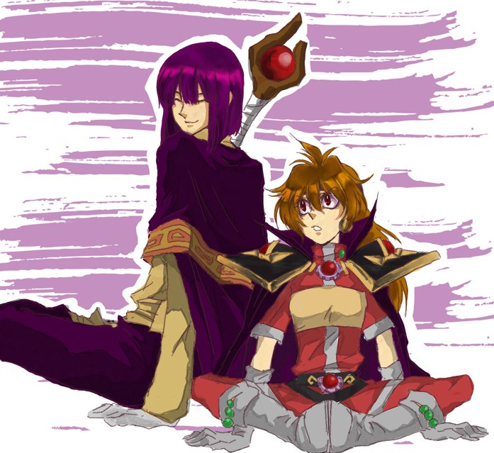 lina inverse, xelloss, slayers, bad id, bad pixiv id, 1boy, 1girl, black hair, boots, cape, earrings, gloves, headband, jewelry, knee boots, red hair, sitting, staff