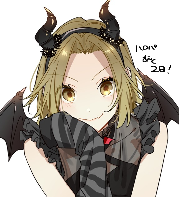 hagiwara daisuke, yoshikawa yuki (hori-san to miyamura-kun), hori-san to miyamura-kun, translation request, 1girl, black hairband, black horns, black shirt, black wings, brown eyes, brown hair, closed mouth, curtained hair, fang, hairband, halloween costume, hand up, horns, shirt, simple background, skin fang, solo, upper body, white background, wings