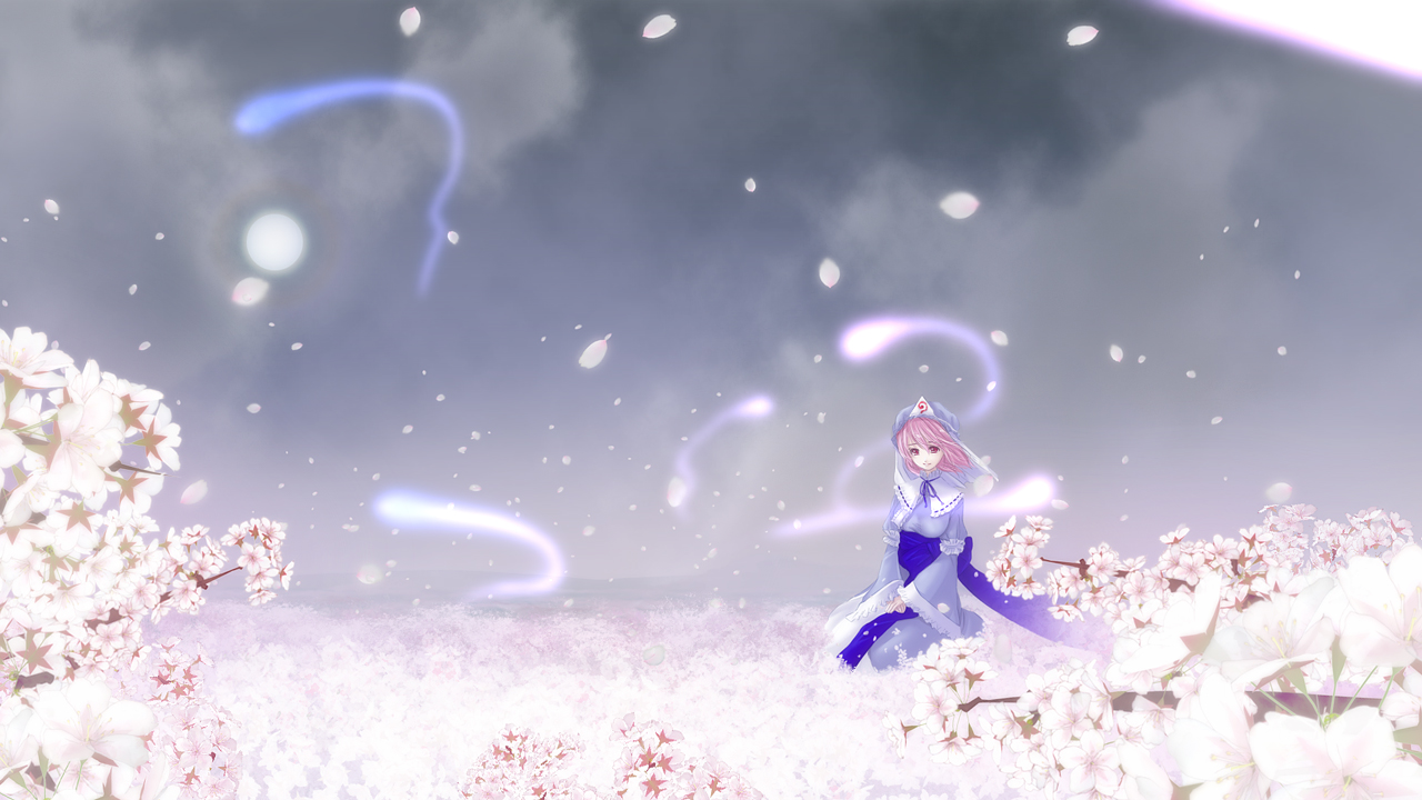 snen, saigyouji yuyuko, touhou, bad id, bad pixiv id, 1girl, breasts, cherry blossoms, cloud, female focus, flower, ghost, japanese clothes, kneeling, large breasts, nature, outdoors, pink eyes, pink hair, sky, solo