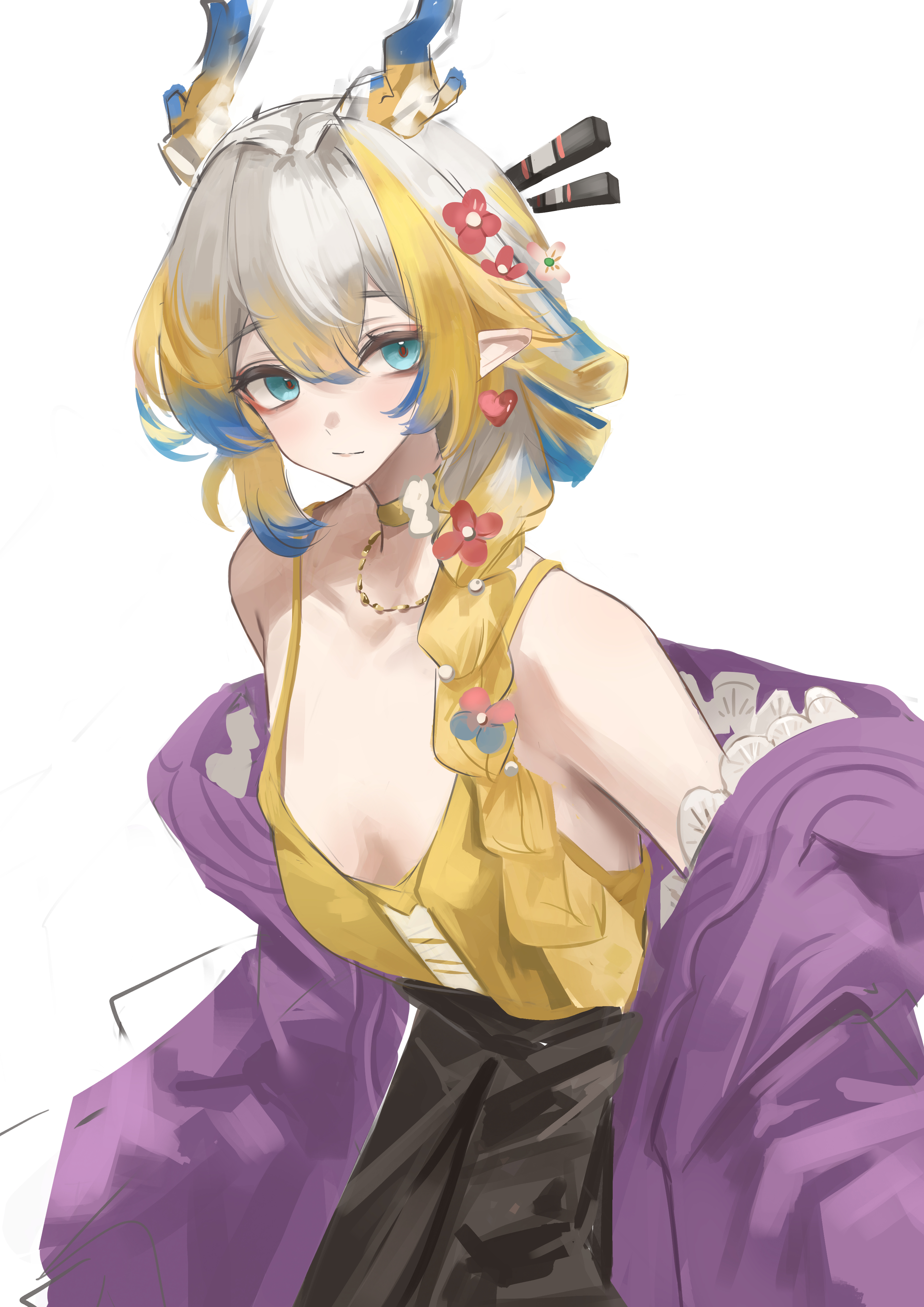 remapack77, shu (arknights), arknights, absurdres, highres, 1girl, aqua eyes, black skirt, blonde hair, blue hair, dragon girl, dragon horns, flower, hair flower, hair ornament, hair stick, horns, jacket, jewelry, looking at viewer, multicolored hair, necklace, off shoulder, pointy ears, purple jacket, simple background, skirt, solo, streaked hair, white background, white hair