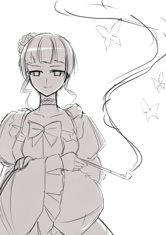 seo tatsuya, beatrice (umineko), umineko no naku koro ni, 00s, 1girl, female focus, kiseru, monochrome, purple theme, simple background, smoking pipe, solo, white background