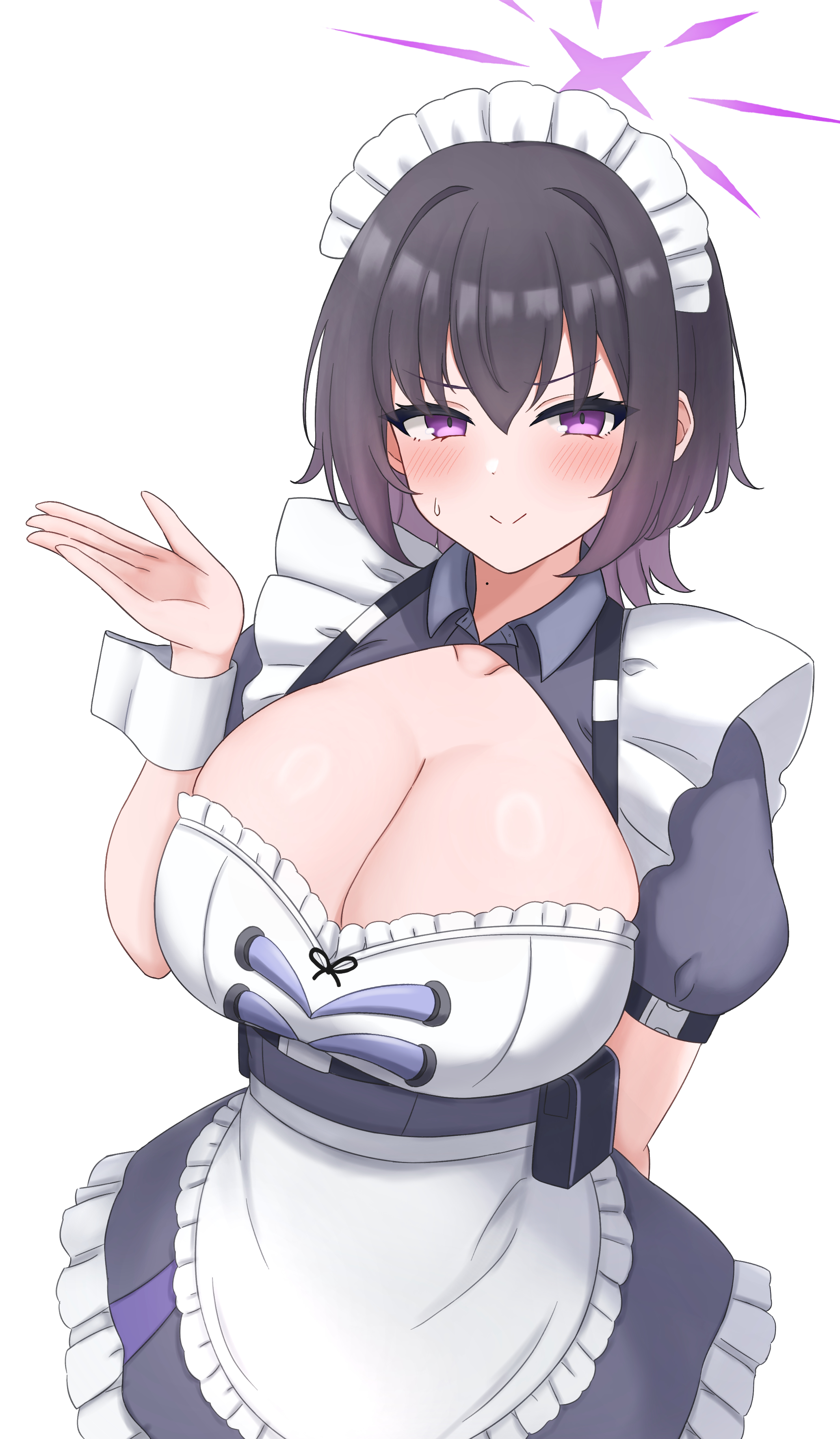 wachikumori, subaru (blue archive), blue archive, absurdres, commentary request, highres, 1girl, apron, arm behind back, black hair, blush, breasts, cleavage, cleavage cutout, clothing cutout, collared dress, dress, frilled apron, frilled dress, frills, gradient hair, grey dress, halo, hand up, huge breasts, looking at viewer, maid, maid apron, maid headdress, multicolored hair, puffy short sleeves, puffy sleeves, purple eyes, purple hair, purple halo, short hair, short sleeves, simple background, solo, sweatdrop, upper body, waist apron, white background, wrist cuffs