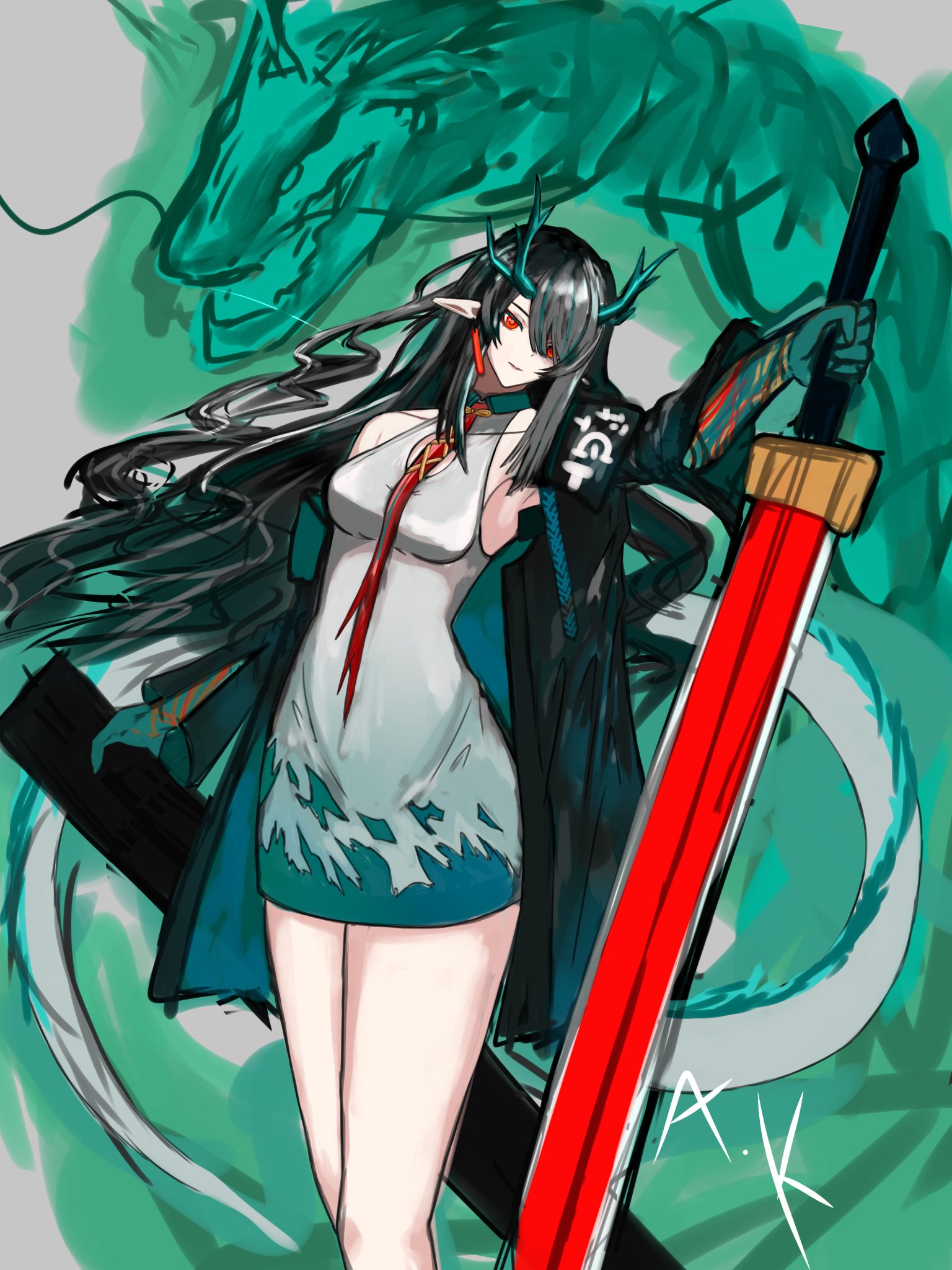 dusk (arknights), arknights, commentary, english commentary, highres, 1girl, andiana kaida, black hair, colored extremities, colored skin, dragon girl, dragon horns, dragon tail, earrings, eastern dragon tail, green hands, green horns, green skin, hair over one eye, horns, jewelry, long hair, multicolored hair, pointy ears, red eyes, solo, streaked hair, tail, tassel, tassel earrings