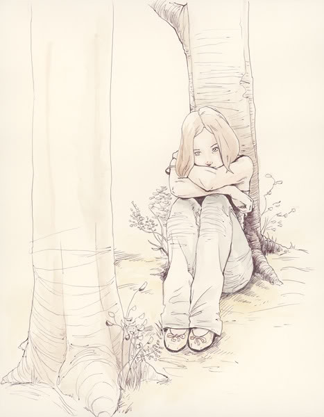 artist request, character request, copyright request, blonde hair, bow, denim, grass, jeans, outdoors, pants, plant, red hair, sepia bacgkround, shoes, sitting, sketch, tree