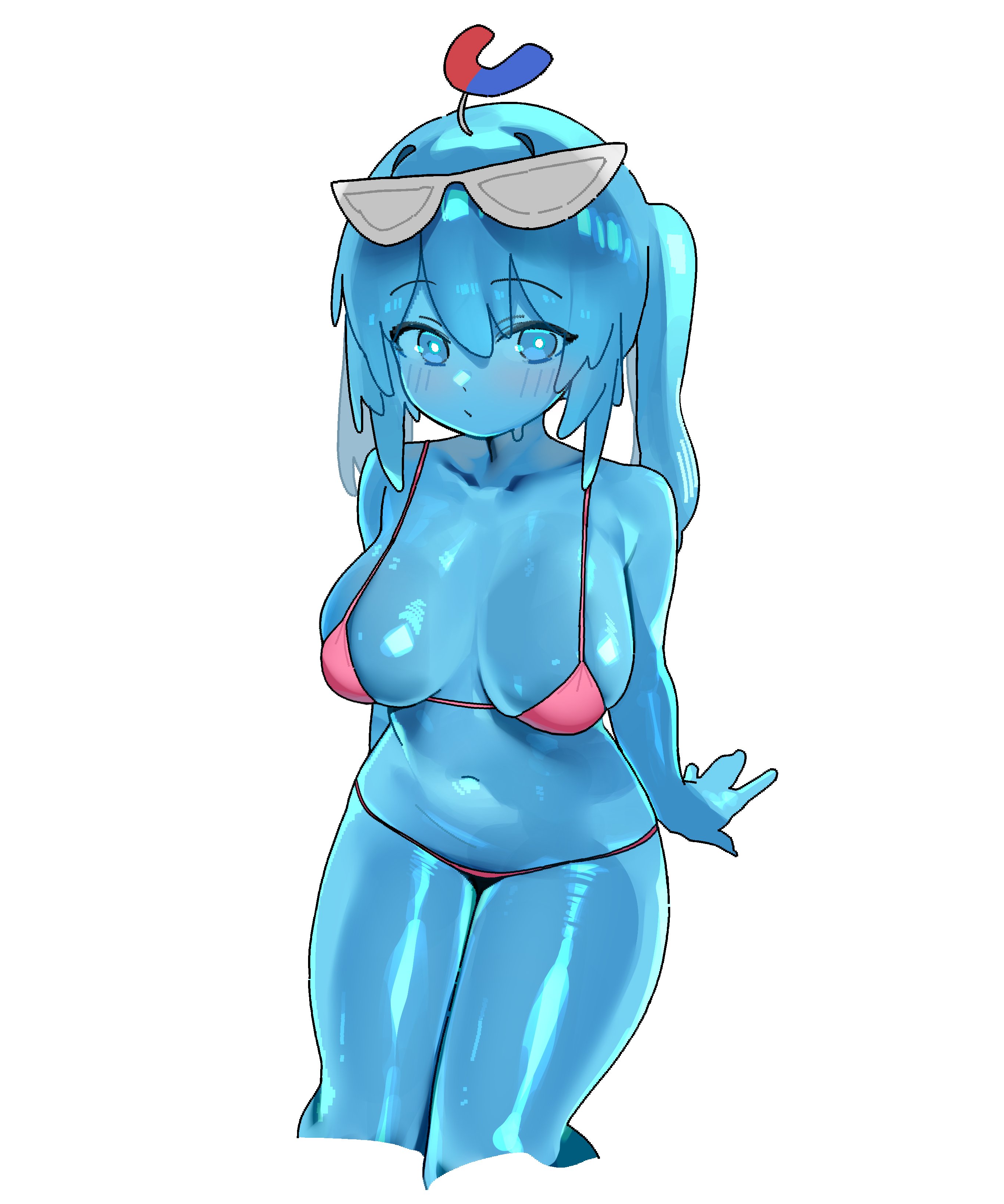 sangobob, original, absurdres, commentary request, highres, korean commentary, 1girl, :/, ahoge, bare shoulders, bikini, blue eyes, blue skin, blush, breasts, closed mouth, collarbone, colored skin, cropped legs, eyewear on head, hair between eyes, huge breasts, legs together, long hair, magnet, monster girl, navel, pink bikini, simple background, sitting, sleeveless, slime girl, solo, stomach, string bikini, swimsuit, white background