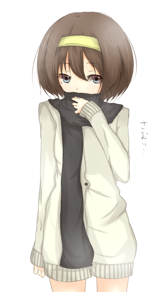 meet neet, yaduki, suzumiya haruhi, suzumiya haruhi no yuuutsu, bad id, bad pixiv id, 00s, 1girl, blue eyes, brown hair, coat, female focus, hair ribbon, hairband, ribbon, scarf, short hair, solo