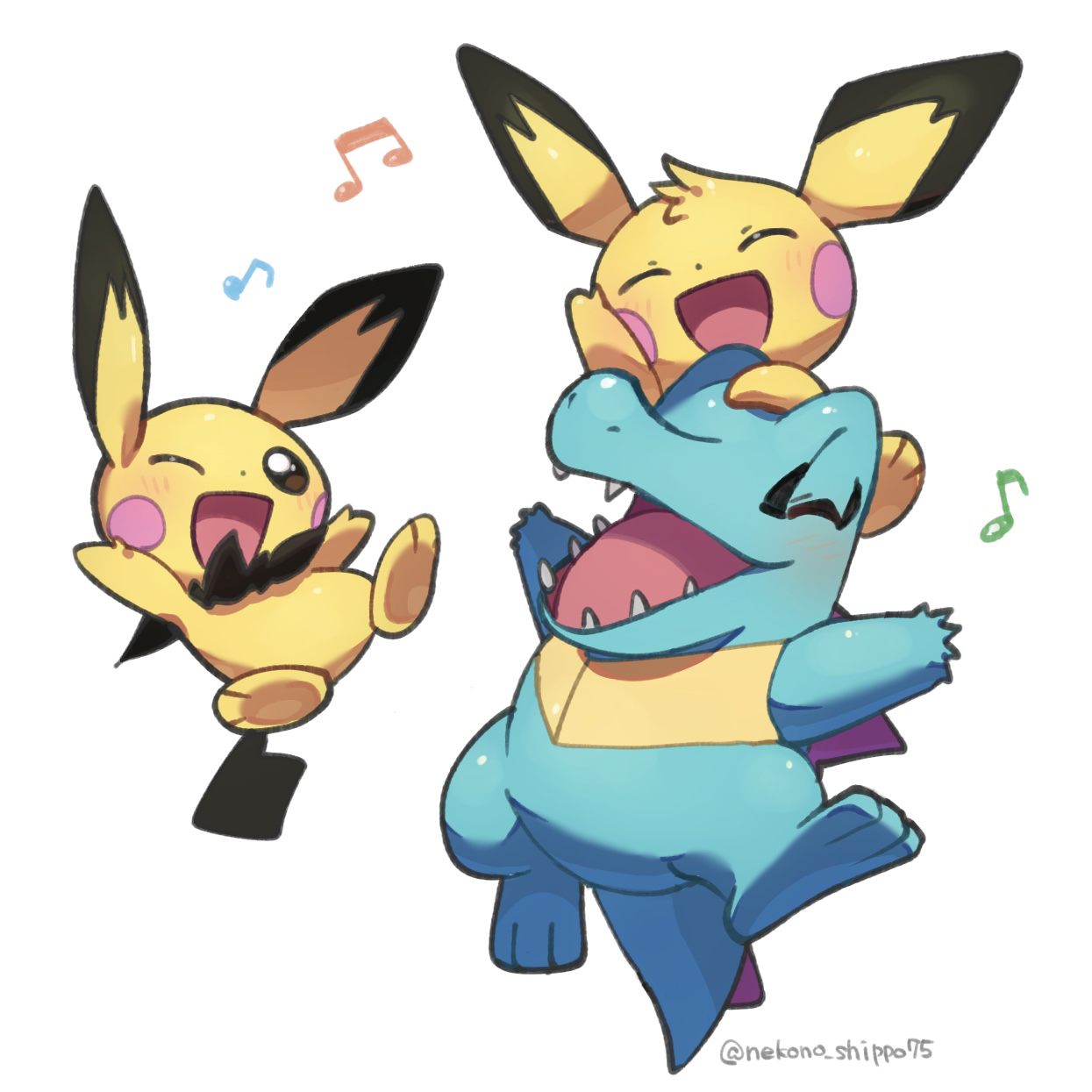 nako (nekono shippo75), pichu, totodile, nintendo, pokemon, commentary request, highres, closed eyes, dancing, full body, gen 2 pokemon, happy, music, musical note, no humans, one eye closed, open mouth, pichu brothers, pokemon (creature), sharp teeth, simple background, singing, teeth, white background
