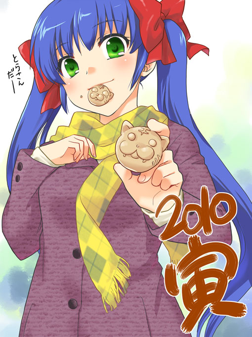 misaki juri, nanase rumi, one – kagayaku kisetsu e, 00s, blue hair, eating, scarf, solo, tiger, twintails