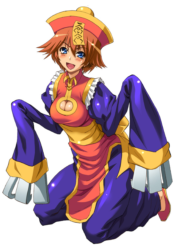 shiruko (inosin), hsien-ko, nanakawa rui, capcom, darkstalkers, tokimeki memorial, tokimeki memorial 4, 1girl, blue eyes, blush, breasts, chinese clothes, claws, cleavage, cleavage cutout, clothing cutout, cosplay, female focus, full body, hat, hsien-ko (cosplay), jiangshi, kneeling, long sleeves, ofuda, orange hair, qingdai guanmao, shoes, short hair, simple background, solo, white background
