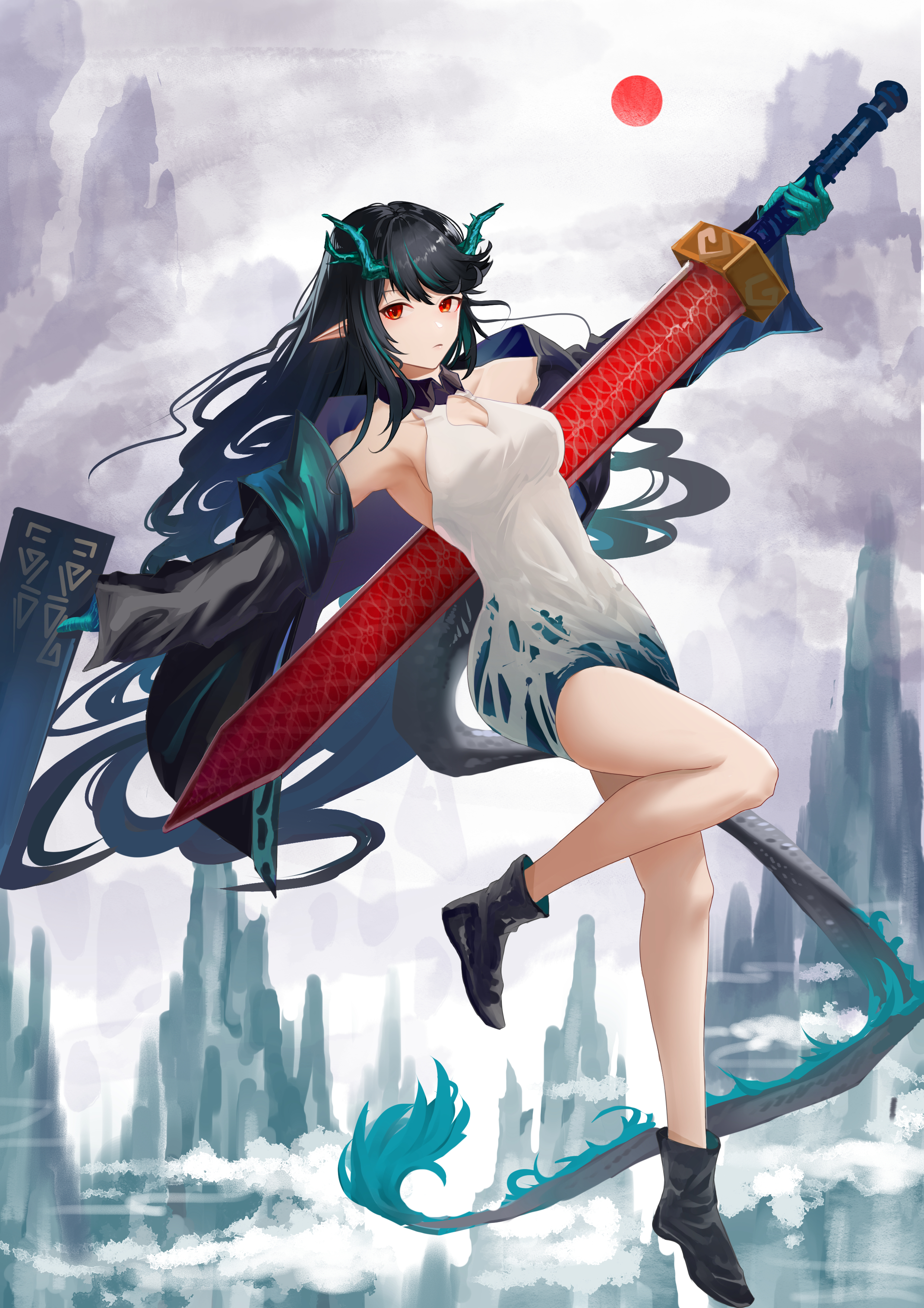mutianliaonaicha, dusk (arknights), arknights, absurdres, commentary request, highres, 1girl, black hair, colored extremities, colored skin, dragon girl, dragon horns, dragon tail, earrings, eastern dragon tail, green hands, green horns, green skin, hair over one eye, horns, jewelry, long hair, multicolored hair, pointy ears, red eyes, solo, streaked hair, tail, tassel, tassel earrings