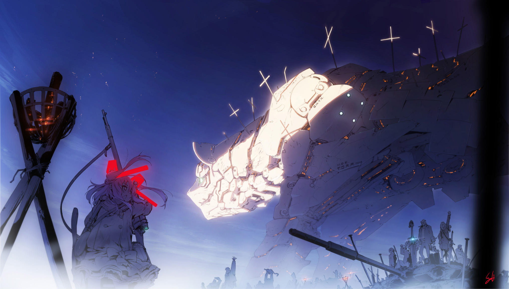 i-iv (longman), wadatsumi garland, highres, 3girls, 6+boys, cross, glowing, grand scale, gun, mecha, multiple boys, multiple girls, night, rifle, robot, signature, sky, weapon