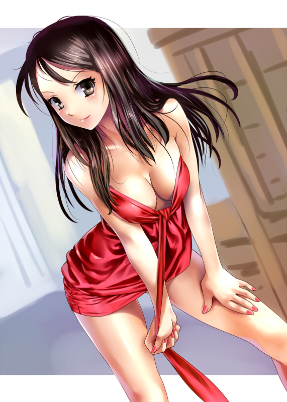 katahira masashi, original, 1girl, breasts, brown eyes, brown hair, cleavage, cocktail dress, dress, fashion, female focus, large breasts, leaning forward, long hair, nail polish, red dress, red nails, red skirt, short dress, skirt, smile, solo