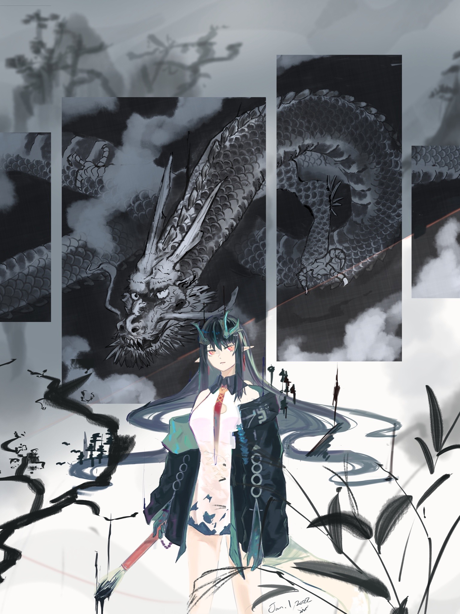 dusk (arknights), arknights, highres, 1girl, black hair, colored extremities, colored skin, dragon girl, dragon horns, earrings, green hands, green horns, green skin, hair over one eye, holding, holding paintbrush, horns, jewelry, long hair, multicolored hair, paintbrush, pointy ears, red eyes, solo, streaked hair, tassel, tassel earrings, wdy act4