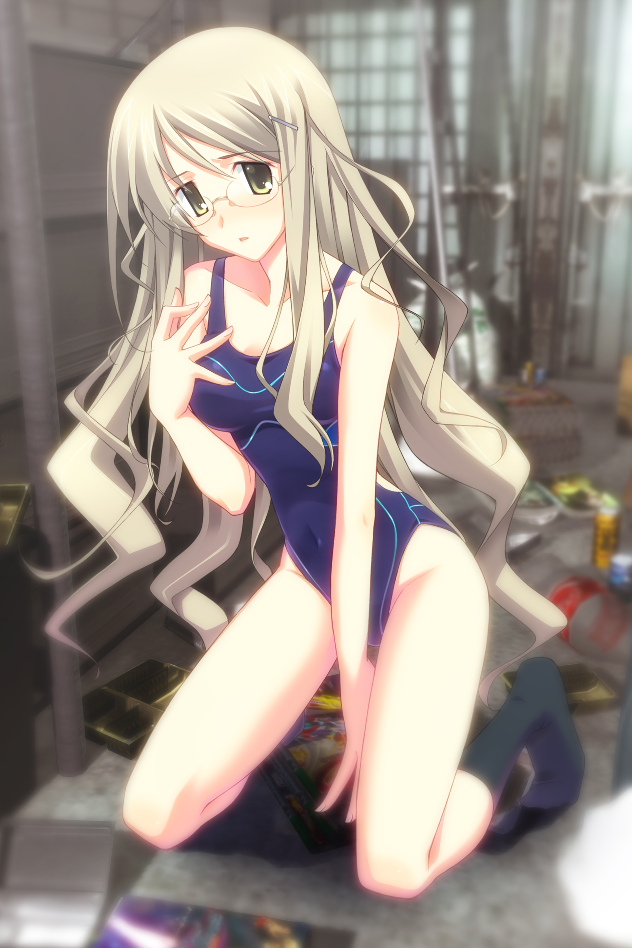 sasaki mutsumi, kusunoki yua, chaos;head, science adventure, absurdres, highres, 00s, 1girl, blonde hair, breasts, competition swimsuit, female focus, full body, glasses, hair ornament, hairclip, indoors, legs, long hair, navel, one-piece swimsuit, socks, solo, swimsuit, very long hair, yellow eyes