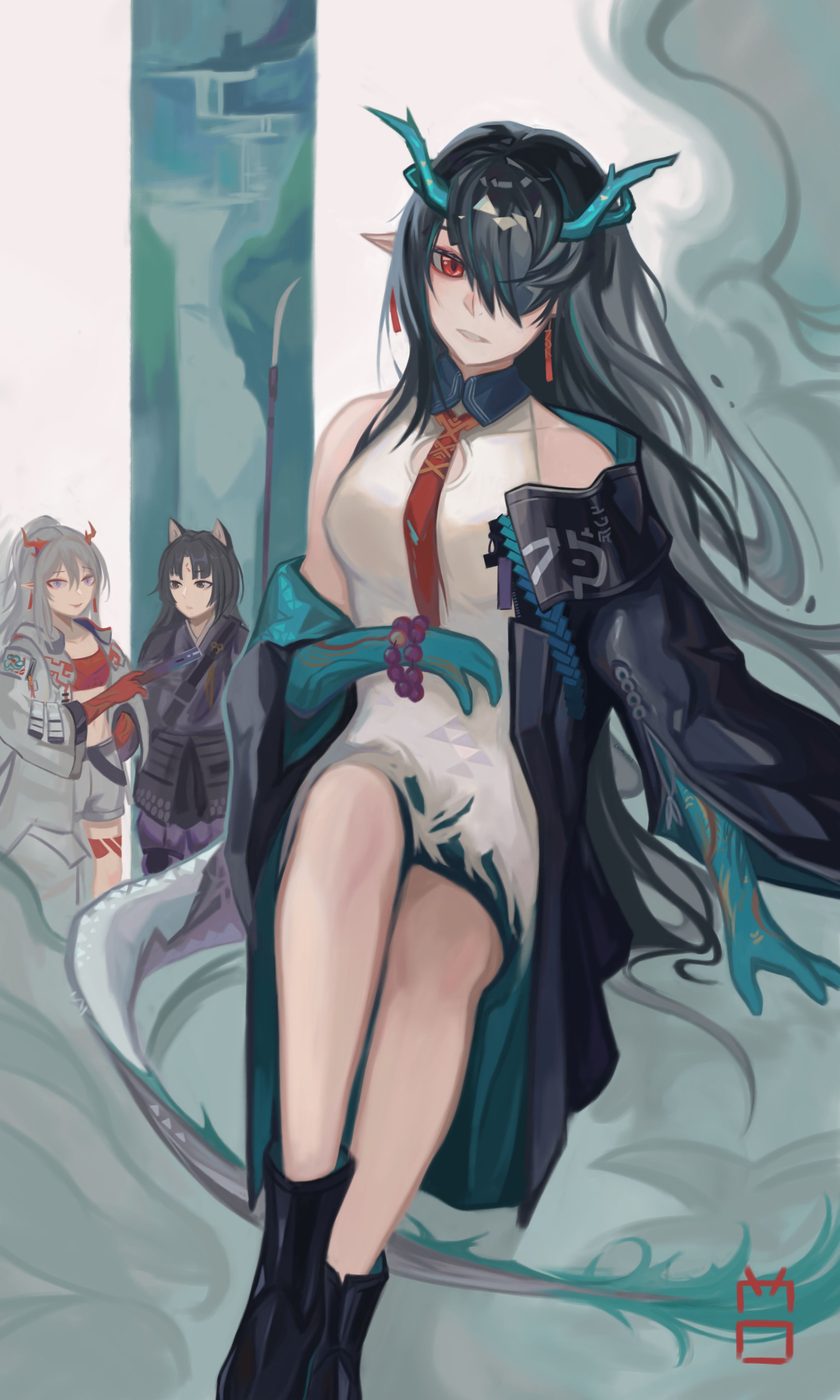 dusk (arknights), nian (arknights), saga (arknights), arknights, absurdres, commentary, english commentary, highres, 3girls, black hair, colored extremities, colored skin, craneodes, dragon girl, dragon horns, dragon tail, earrings, eastern dragon tail, green hands, green horns, green skin, hair over one eye, horns, jewelry, long hair, multicolored hair, multiple girls, pointy ears, purple eyes, red eyes, solo, streaked hair, tail, tassel, tassel earrings, white hair