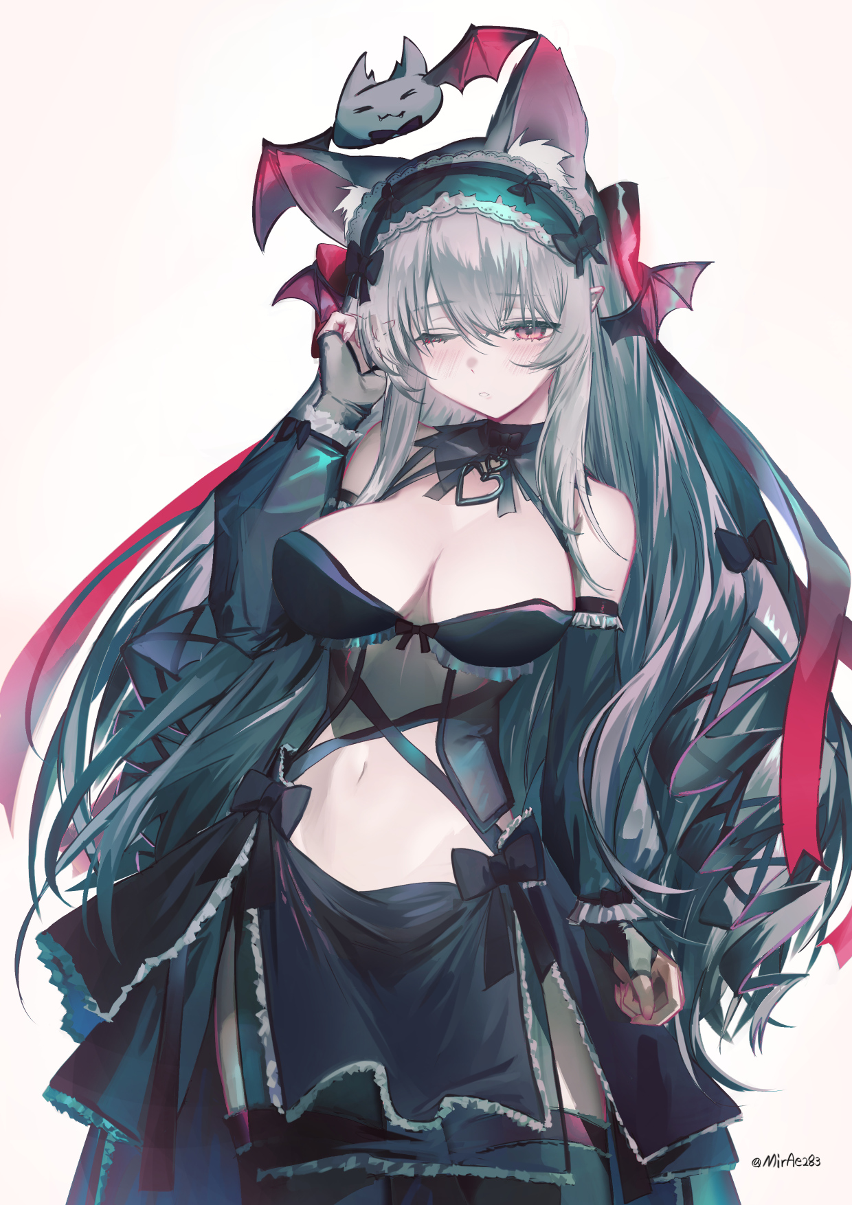 mirae283, original, commentary, highres, 1girl, animal ear fluff, animal ears, artist name, bare shoulders, bat wings, black gloves, black headdress, black skirt, black thighhighs, blush, bow, breasts, cleavage, criss-cross straps, crop top, detached sleeves, familiar, fingerless gloves, frilled sleeves, frills, gloves, gradient bow, grey hair, hair between eyes, hair bow, hand in own hair, hand up, head wings, long hair, long sleeves, looking at viewer, medium breasts, midriff, navel, one eye closed, parted lips, red bow, red eyes, see-through clothes, sidelocks, simple background, skirt, solo, standing, thighhighs, thighs, very long hair, white background, wings