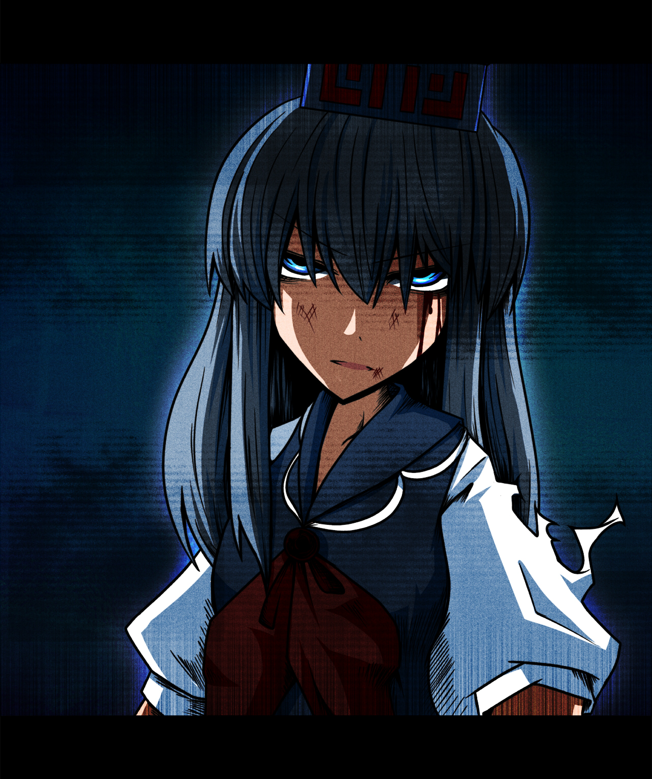 konohana saku, kamishirasawa keine, touhou, bad id, bad pixiv id, highres, 1girl, black background, blood, blood on face, blue eyes, blue hair, female focus, hat, injury, long hair, solo, torn clothes, upper body