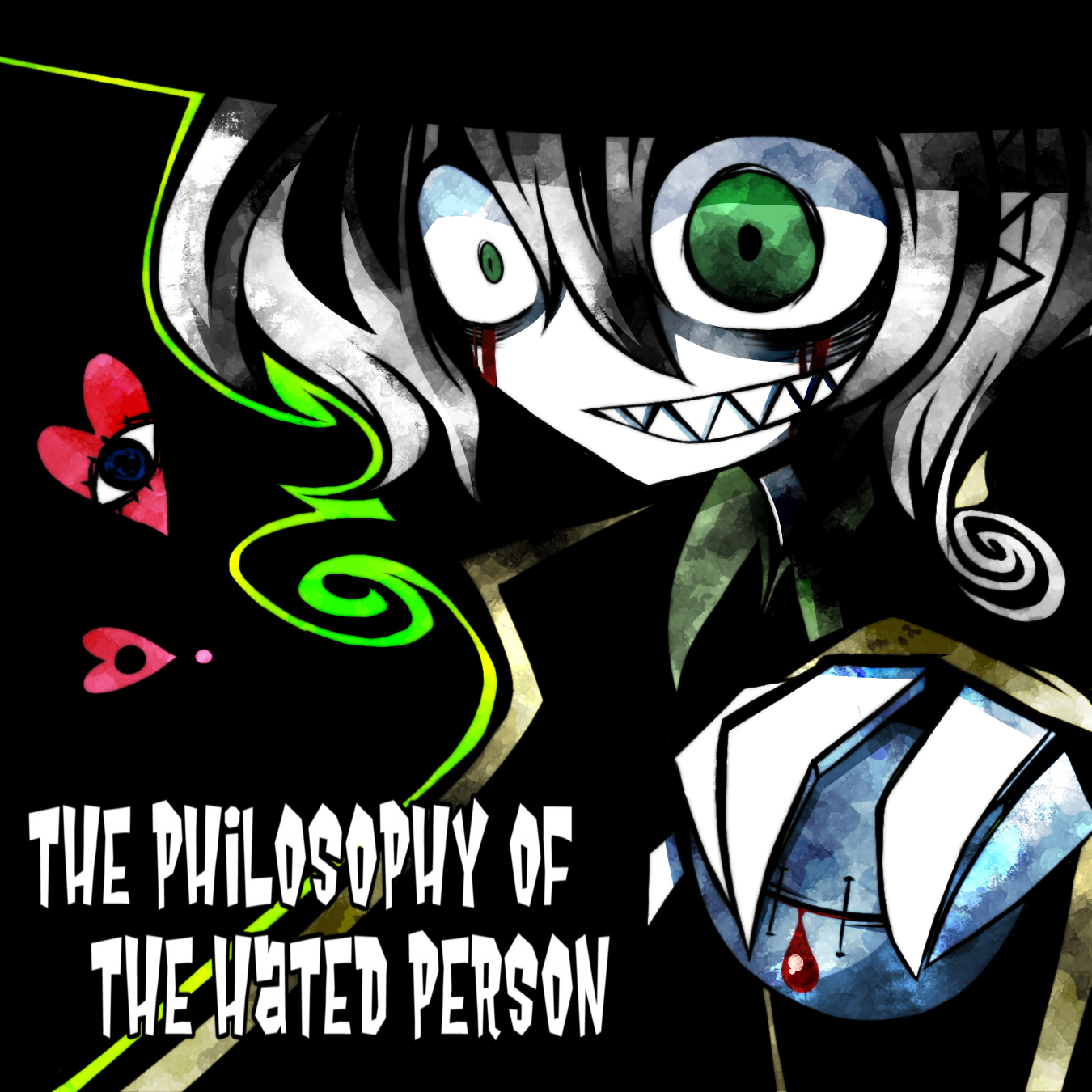 konohana saku, komeiji koishi, koishi komeiji's heart-throbbing adventure, touhou, silver hair, highres, 1girl, blood, blood on face, crazy, english text, evil grin, evil smile, female focus, green eyes, grin, hat, heart, scar, sharp teeth, short hair, smile, solo, stitches, teeth