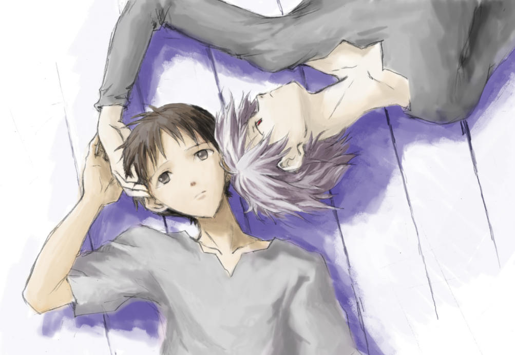ikari shinji, nagisa kaworu, neon genesis evangelion, hand on head, non-web source, 2boys, androgynous, brown hair, couple, grey hair, long sleeves, male focus, multiple boys, pale skin, red eyes, short hair, yaoi