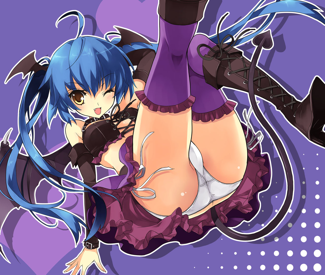 yukiwo, original, 1girl, :d, ahoge, ass, belt, blue hair, boots, brown eyes, collar, demon girl, demon tail, demon wings, detached sleeves, fang, female focus, head wings, heart, knee boots, lace-up boots, legs, long hair, looking at viewer, lowleg, lowleg panties, one eye closed, open mouth, panties, pantyshot, purple thighhighs, side-tie panties, skirt, smile, solo, tail, thighhighs, trefoil, twintails, underwear, upskirt, white panties, wings, wink, wrist straps, wristband, yellow eyes