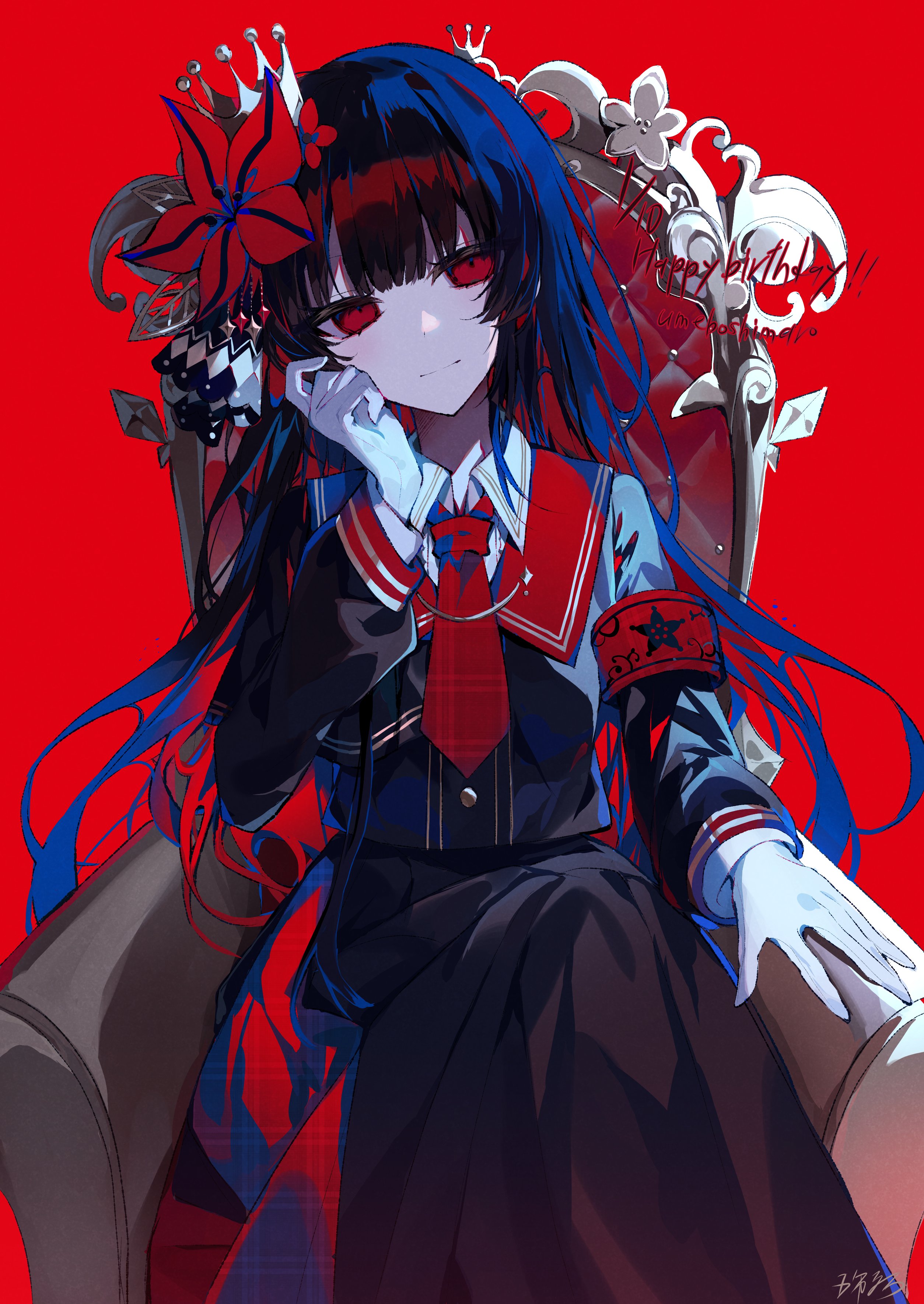 umemaro (siona0908), nikaido hiro, mahou shoujo no majo saiban, absurdres, commentary, highres, 1girl, armband, black dress, black hair, blunt bangs, crown, dress, flower, gloves, hair flower, hair ornament, happy birthday, long hair, magical girl, necktie, official artist extra, red armband, red background, red eyes, red flower, red necktie, simple background, sitting, solo, white gloves