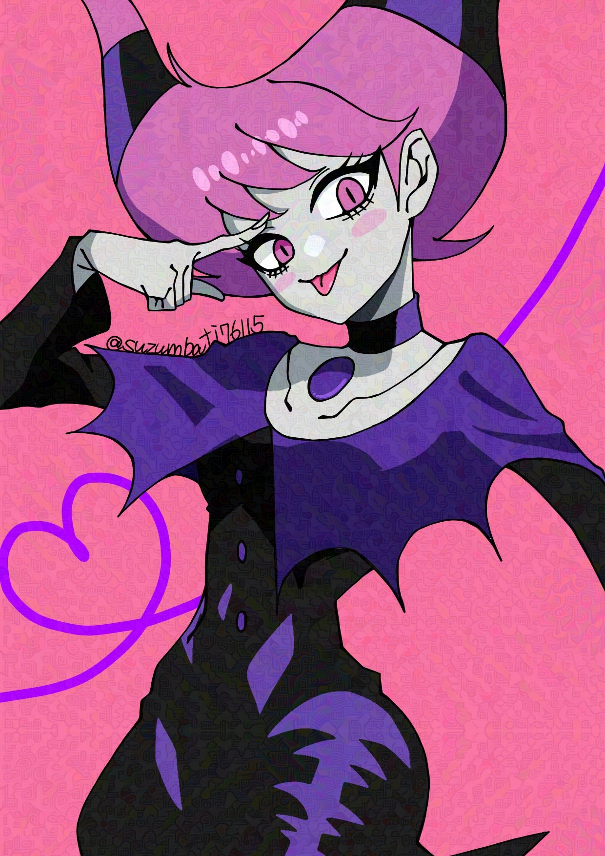 jinx (dc), dc comics, teen titans, adversarial noise, commentary, english commentary, highres, 1girl, black dress, blush stickers, choker, colored skin, dress, eyelashes, grey skin, hair horns, long sleeves, looking at viewer, pink background, pink eyes, pink hair, solo, suzumbati76115, tongue, tongue out, twitter username