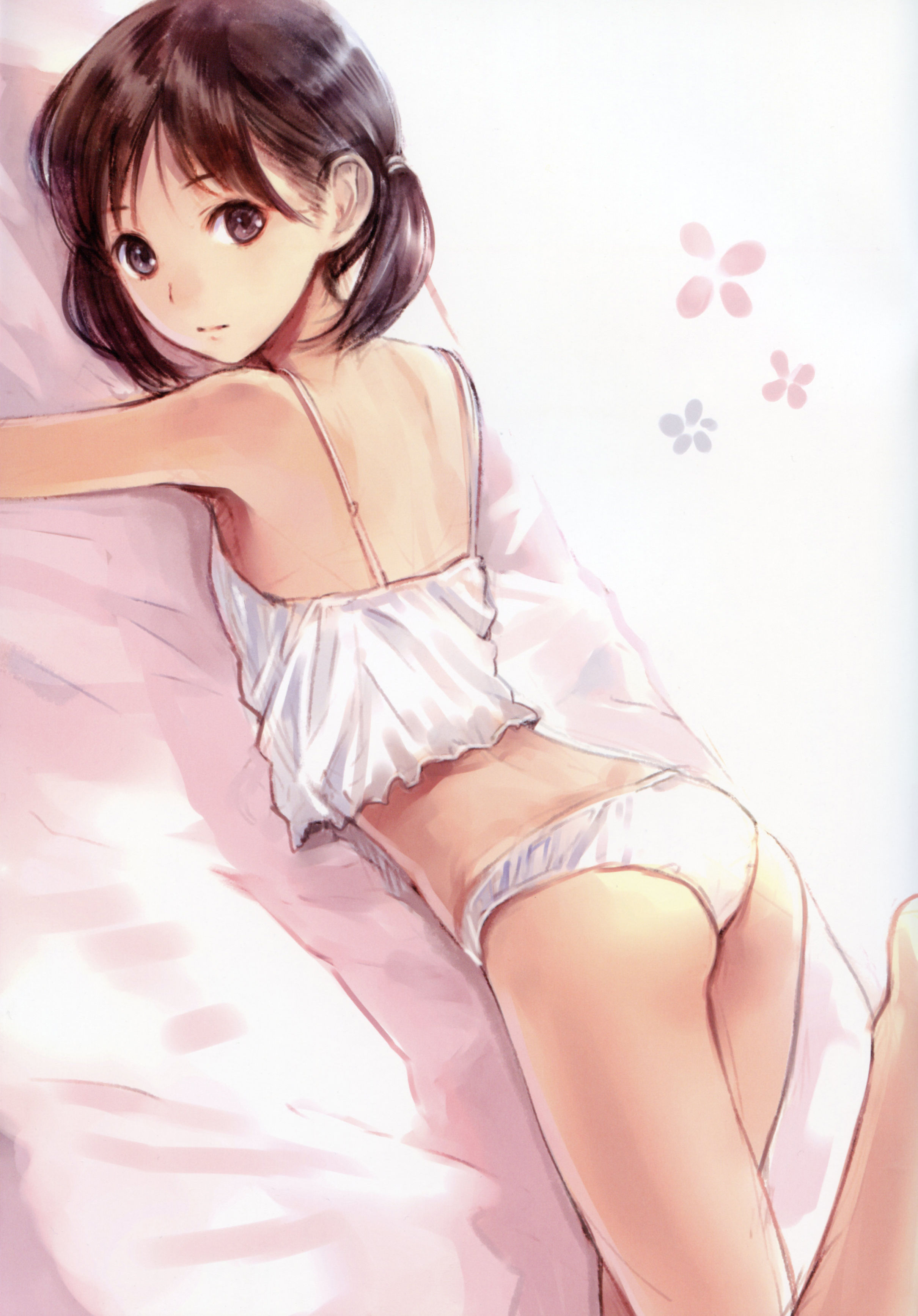 kishida mel, original, absurdres, highres, 1girl, armpits, ass, barefoot, brown hair, camisole, female focus, flat chest, loli, lying, on stomach, panties, short hair, short twintails, sketch, solo, twintails, underwear, underwear only, white panties