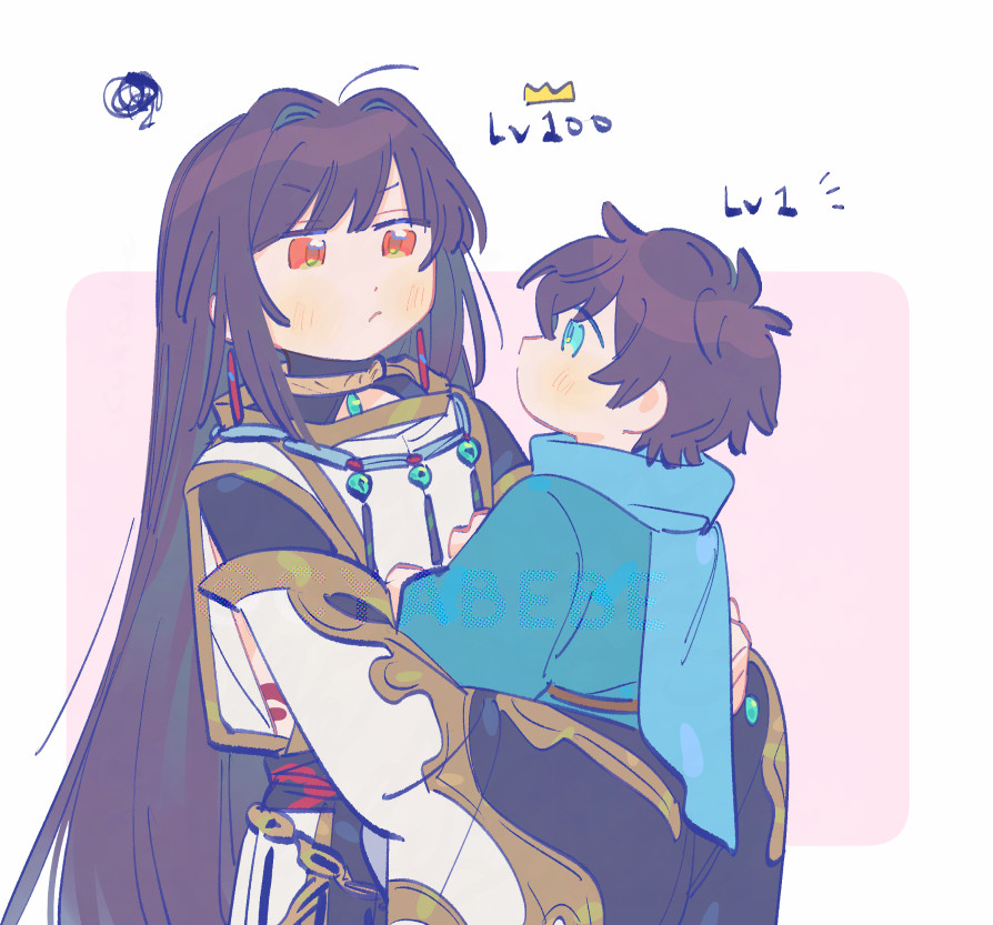 oneroom-disco, miyamoto iori (fate), yamato takeru (fate), yamato takeru (third ascension) (fate), fate/grand order, fate/samurai remnant, fate (series), commentary, symbol-only commentary, 1boy, 1other, aged down, androgynous, black hair, blue eyes, blue kimono, blue scarf, body markings, carrying, carrying person, child carry, detached sleeves, earrings, hair down, hair intakes, japanese clothes, jewelry, kimono, long hair, long sleeves, looking at another, magatama, magatama necklace, nagatekkou, necklace, orange eyes, other with male, pout, scarf, side slit, wide sleeves